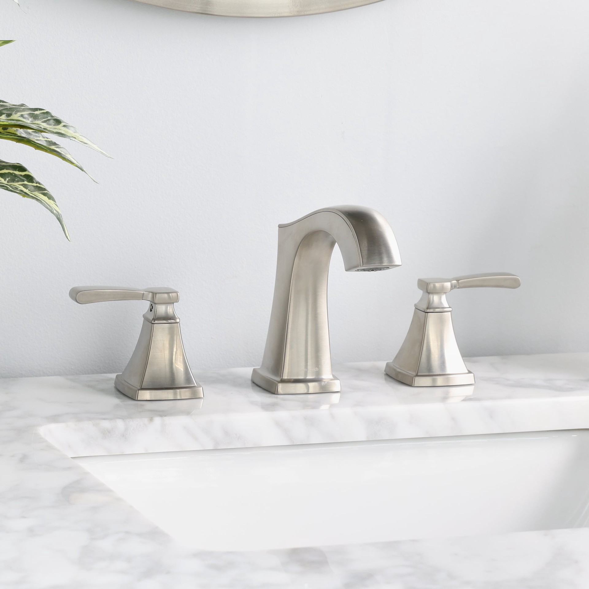 slide 4 of 6, allen + roth Chesler Brushed Nickel Widespread 2-handle WaterSense Mid-arc Residential Handle Bathroom Sink Faucet with Drain, 1 ct