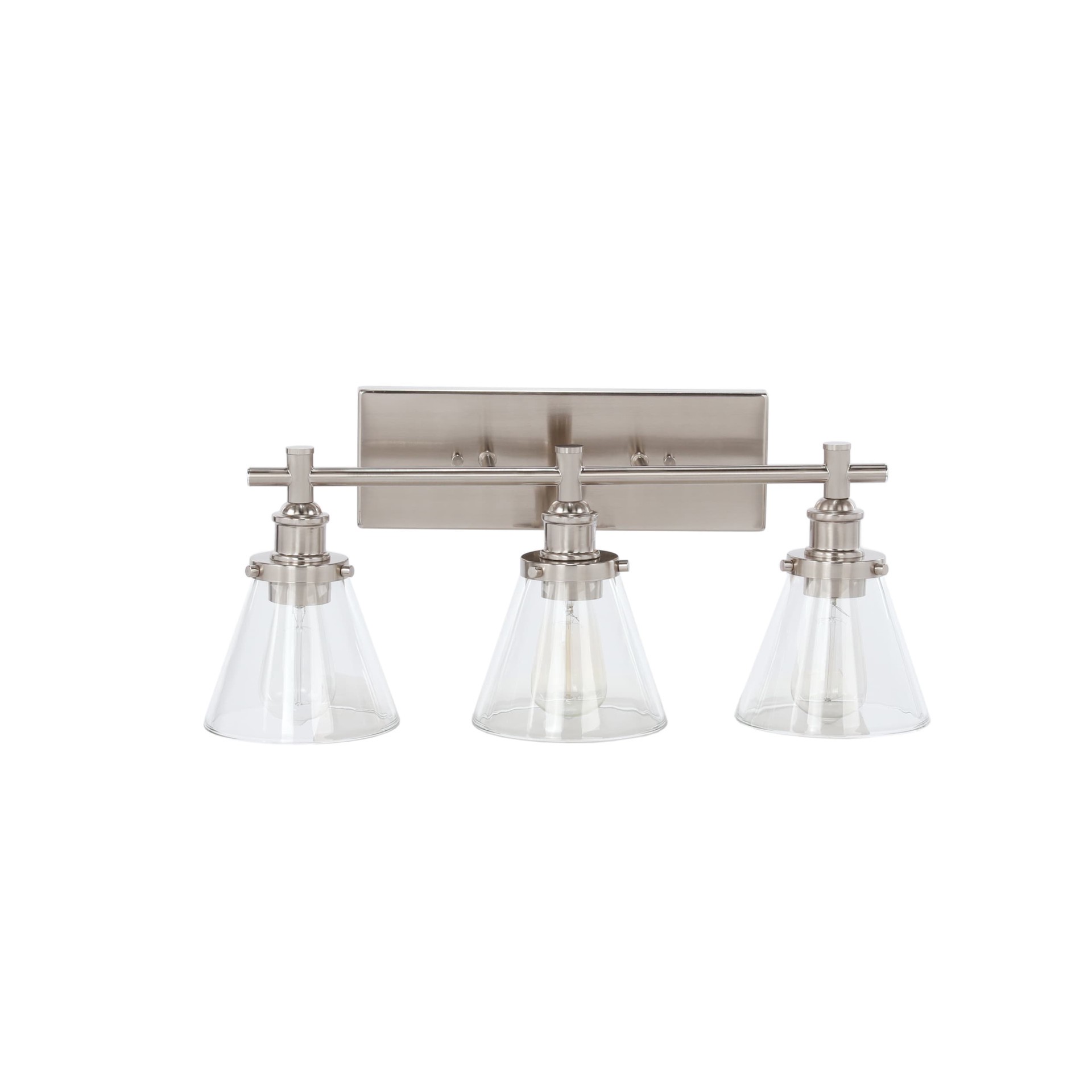 slide 2 of 6, allen + roth Shiloh 24-in 3 -Light Brushed Nickel Transitional Vanity light bar, 1 ct