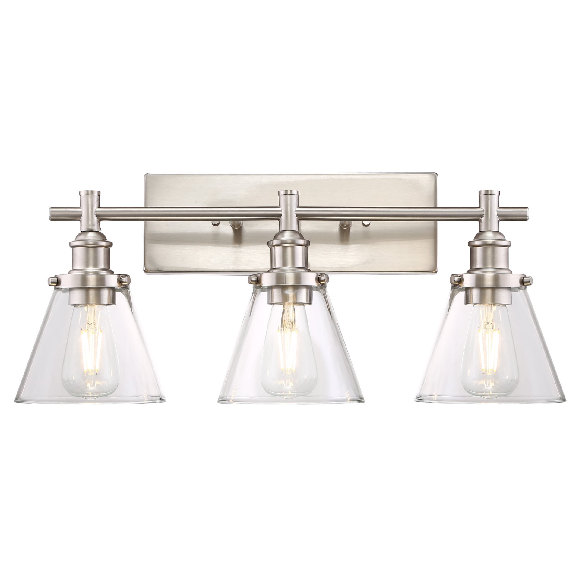 slide 5 of 6, allen + roth Shiloh 24-in 3 -Light Brushed Nickel Transitional Vanity light bar, 1 ct
