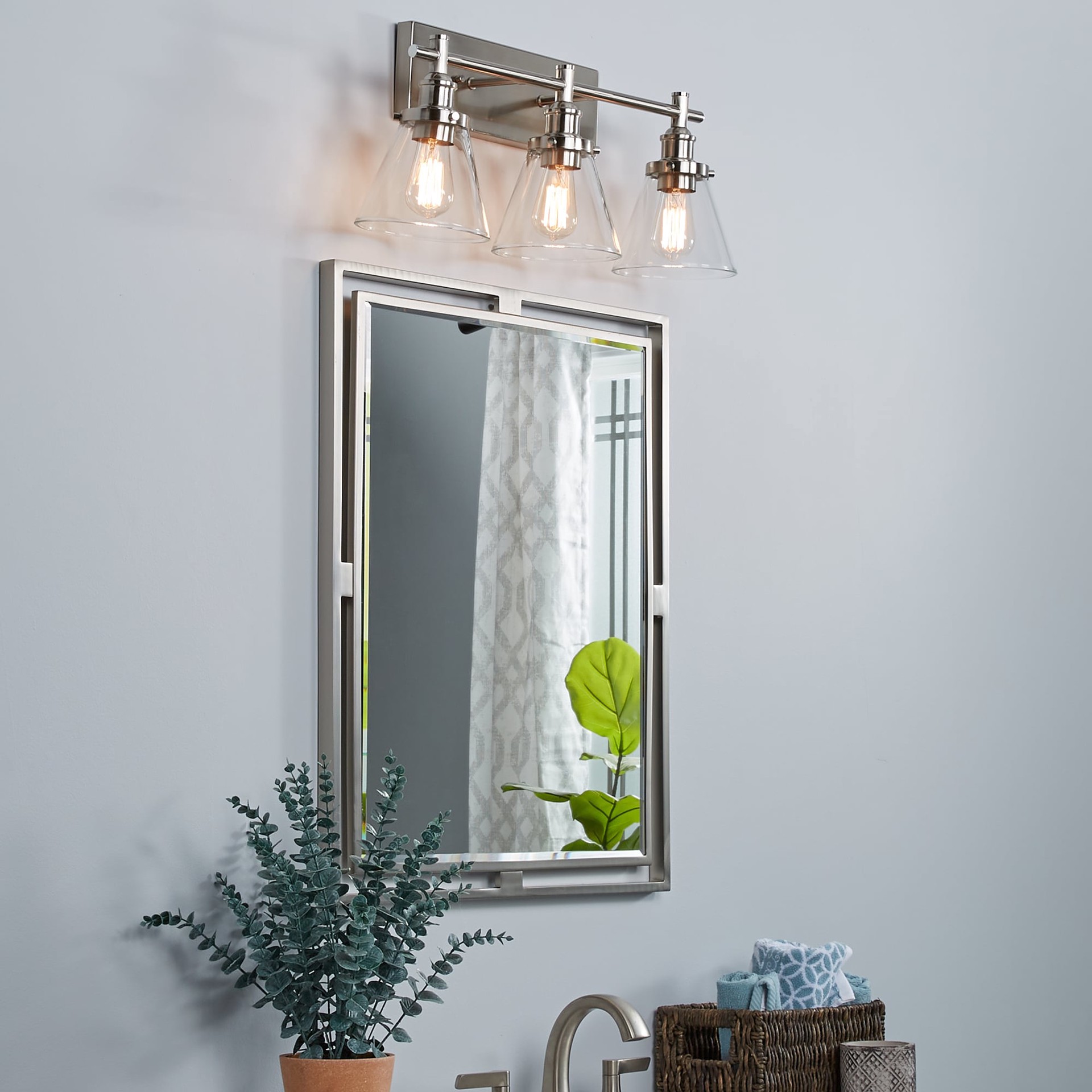 slide 6 of 6, allen + roth Shiloh 24-in 3 -Light Brushed Nickel Transitional Vanity light bar, 1 ct