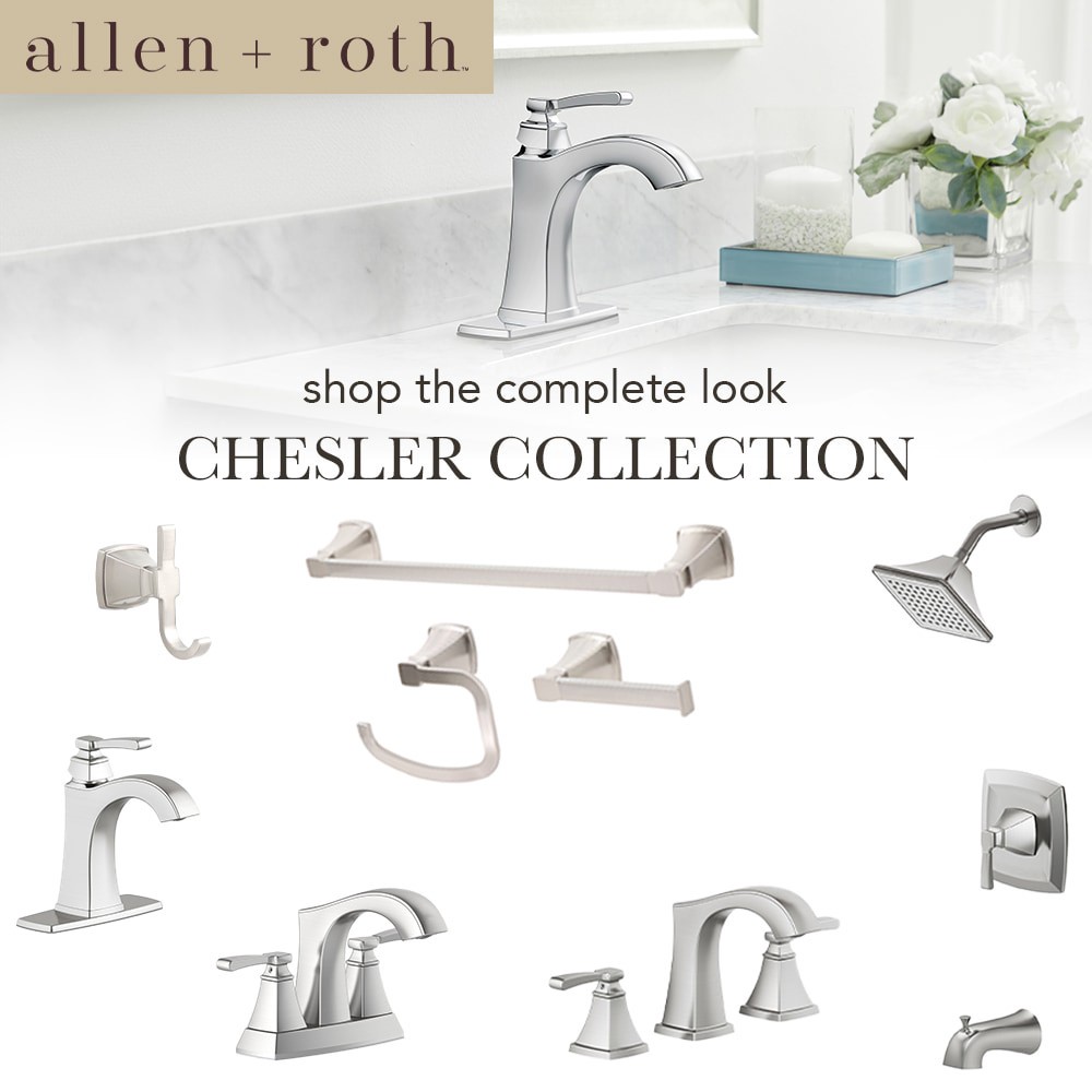 slide 2 of 6, allen + roth Chesler Brushed Nickel 4-in centerset 2-handle WaterSense Mid-arc Residential Handle Bathroom Sink Faucet with Drain with Deck Plate, 1 ct