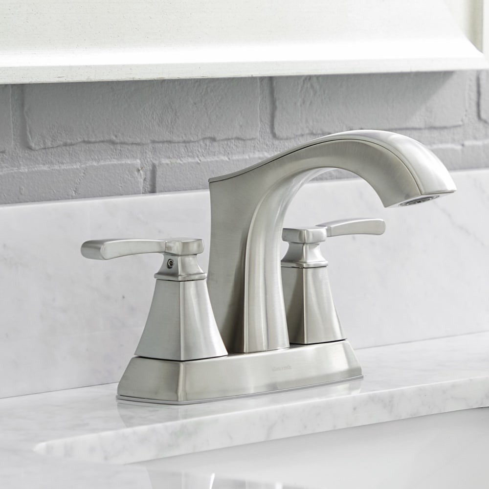 slide 1 of 6, allen + roth Chesler Brushed Nickel 4-in centerset 2-handle WaterSense Mid-arc Residential Handle Bathroom Sink Faucet with Drain with Deck Plate, 1 ct