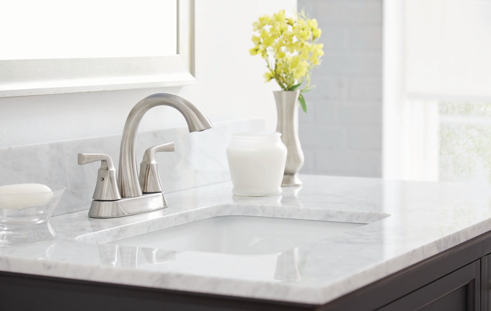 slide 2 of 6, allen + roth Mullen Brushed Nickel 4-in centerset 2-handle WaterSense Mid-arc Residential Handle Bathroom Sink Faucet with Drain with Deck Plate, 1 ct