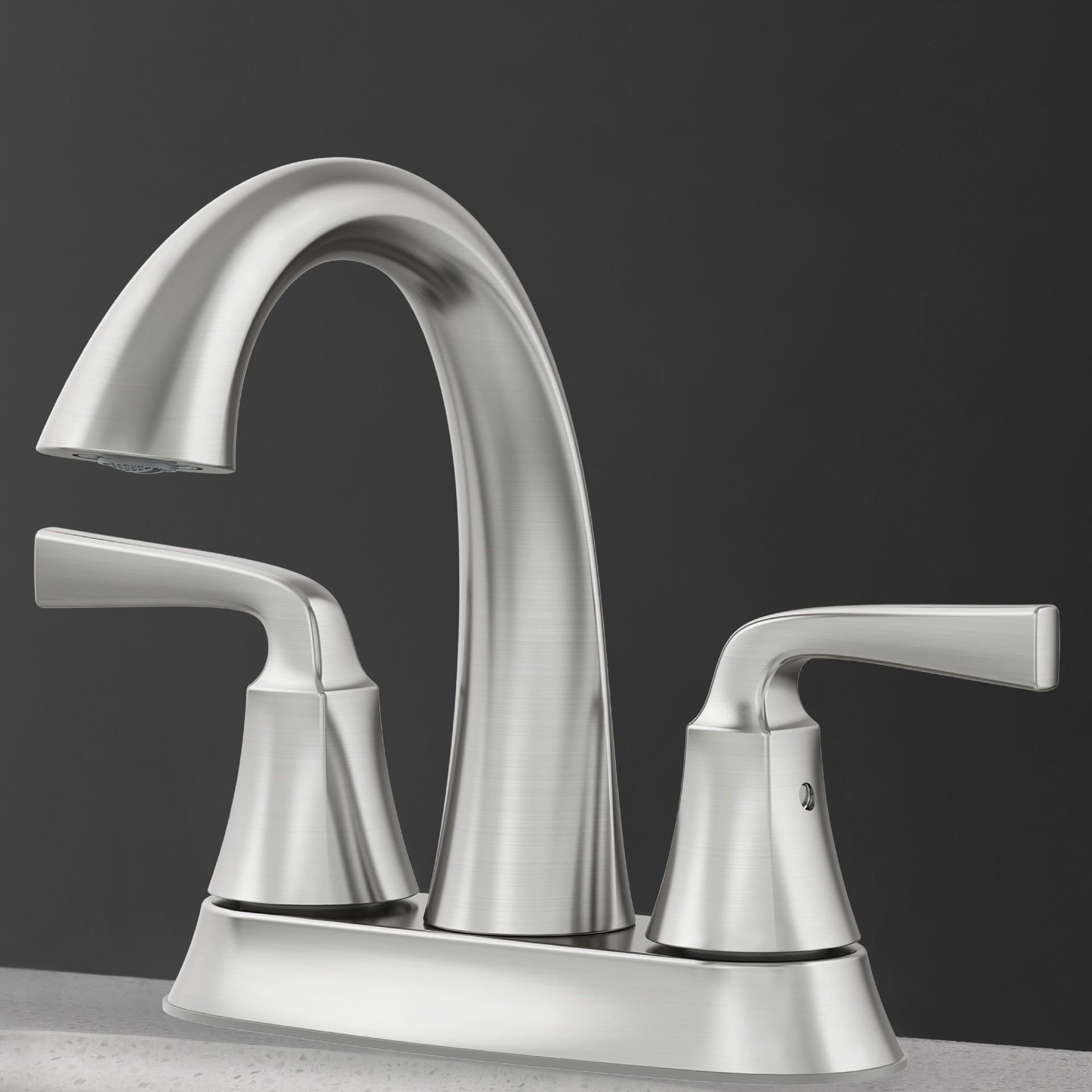 slide 1 of 6, allen + roth Mullen Brushed Nickel 4-in centerset 2-handle WaterSense Mid-arc Residential Handle Bathroom Sink Faucet with Drain with Deck Plate, 1 ct