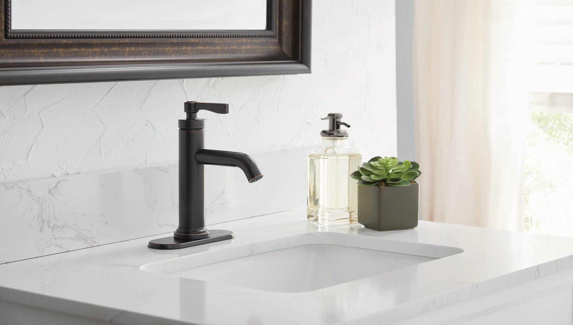 slide 2 of 6, allen + roth Townley Oil Rubbed Bronze Single hole 1-handle WaterSense Mid-arc Residential Handle Bathroom Sink Faucet with Drain with Deck Plate, 1 ct