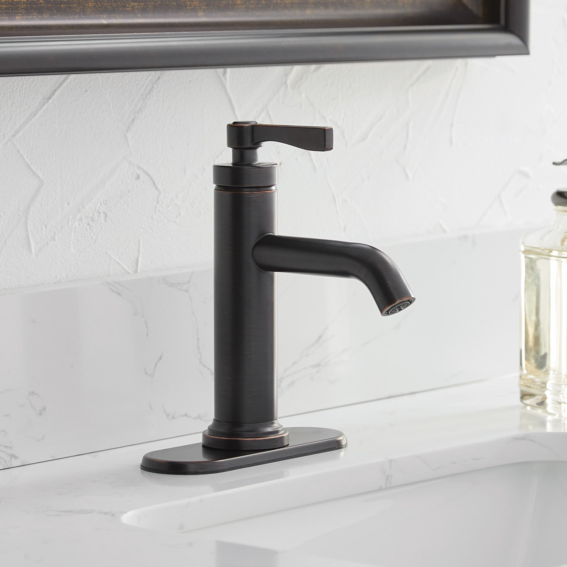 slide 1 of 6, allen + roth Townley Oil Rubbed Bronze Single hole 1-handle WaterSense Mid-arc Residential Handle Bathroom Sink Faucet with Drain with Deck Plate, 1 ct