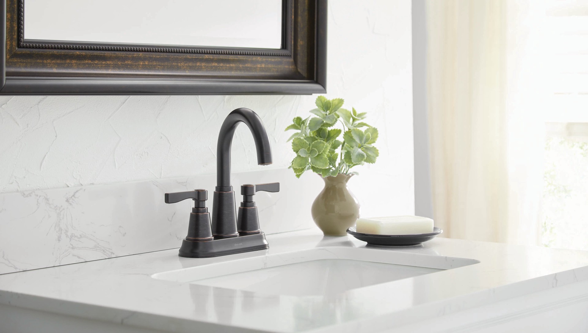 slide 2 of 6, allen + roth Townley Oil Rubbed Bronze 4-in centerset 2-handle WaterSense High-arc Residential Handle Bathroom Sink Faucet with Drain with Deck Plate, 1 ct