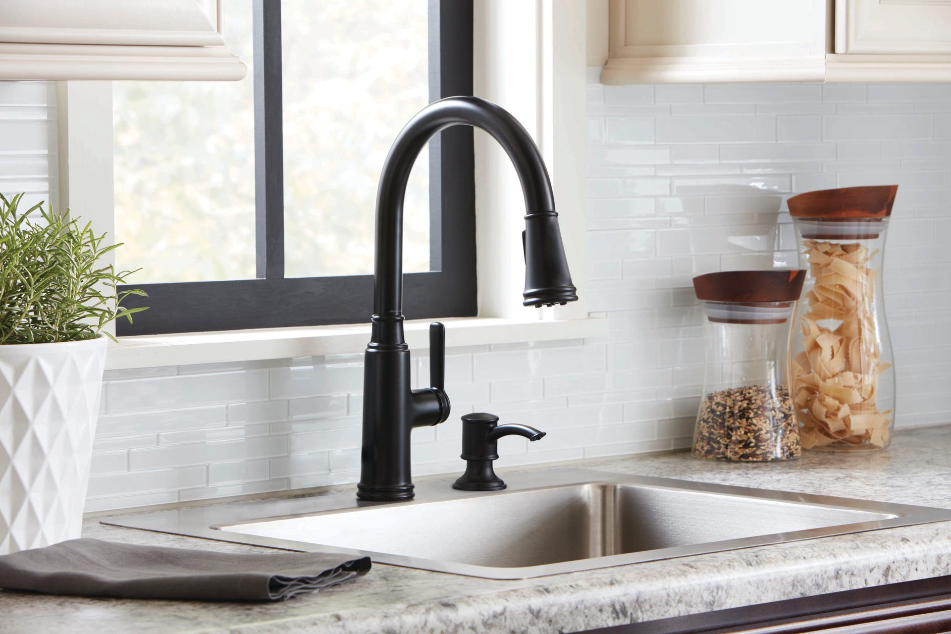 slide 2 of 6, allen + roth Evanston Black Single Handle Deck-mount Pull-down Kitchen Faucet with Sprayer (Includes Deck Plate) (Includes Soap Dispenser), 1 ct