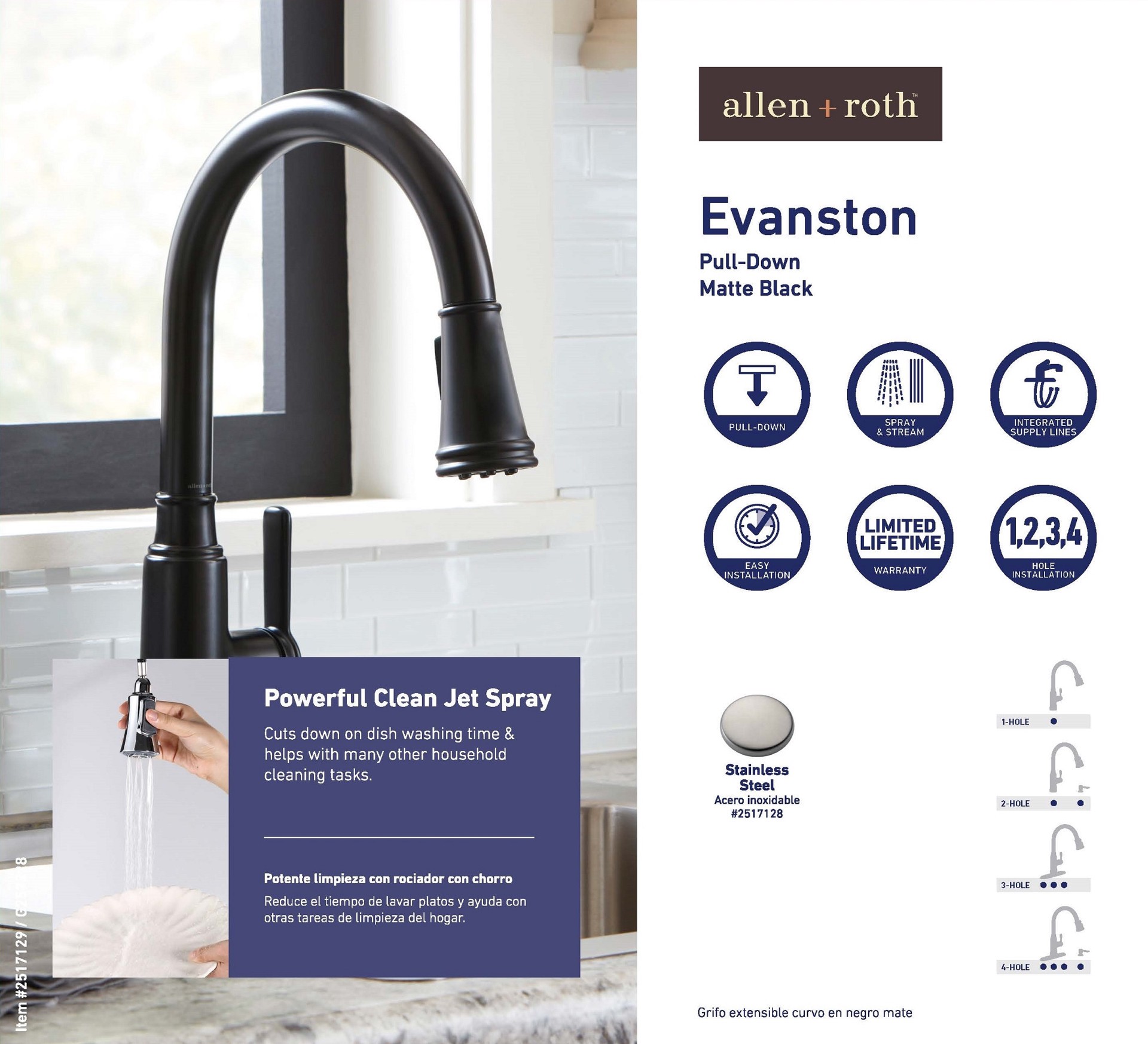 slide 3 of 6, allen + roth Evanston Black Single Handle Deck-mount Pull-down Kitchen Faucet with Sprayer (Includes Deck Plate) (Includes Soap Dispenser), 1 ct