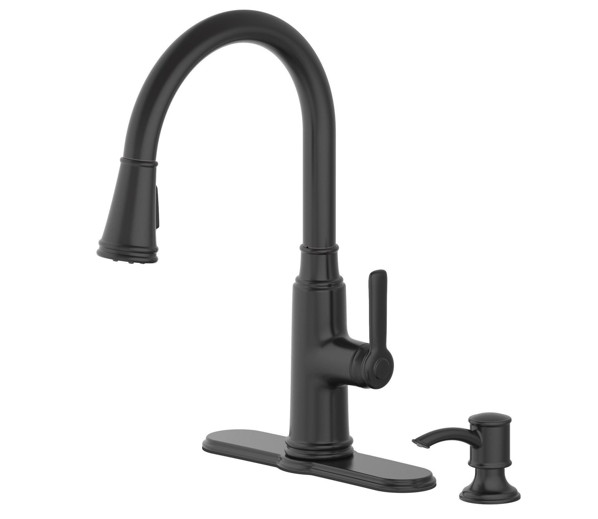 slide 4 of 6, allen + roth Evanston Black Single Handle Deck-mount Pull-down Kitchen Faucet with Sprayer (Includes Deck Plate) (Includes Soap Dispenser), 1 ct