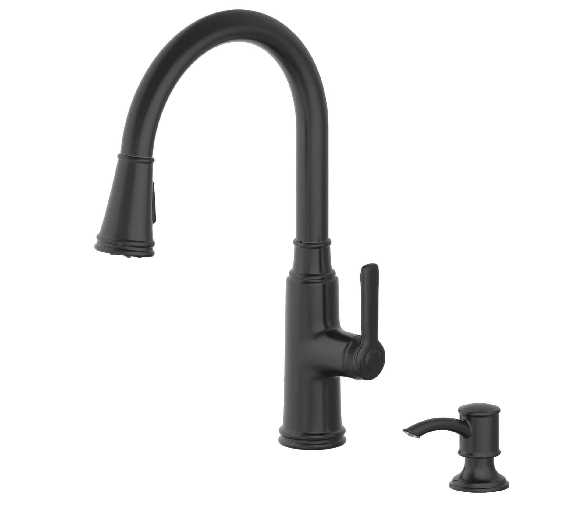 slide 5 of 6, allen + roth Evanston Black Single Handle Deck-mount Pull-down Kitchen Faucet with Sprayer (Includes Deck Plate) (Includes Soap Dispenser), 1 ct
