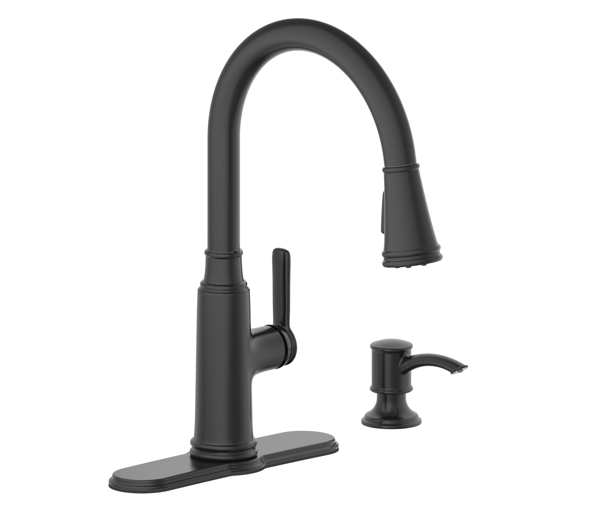 slide 6 of 6, allen + roth Evanston Black Single Handle Deck-mount Pull-down Kitchen Faucet with Sprayer (Includes Deck Plate) (Includes Soap Dispenser), 1 ct