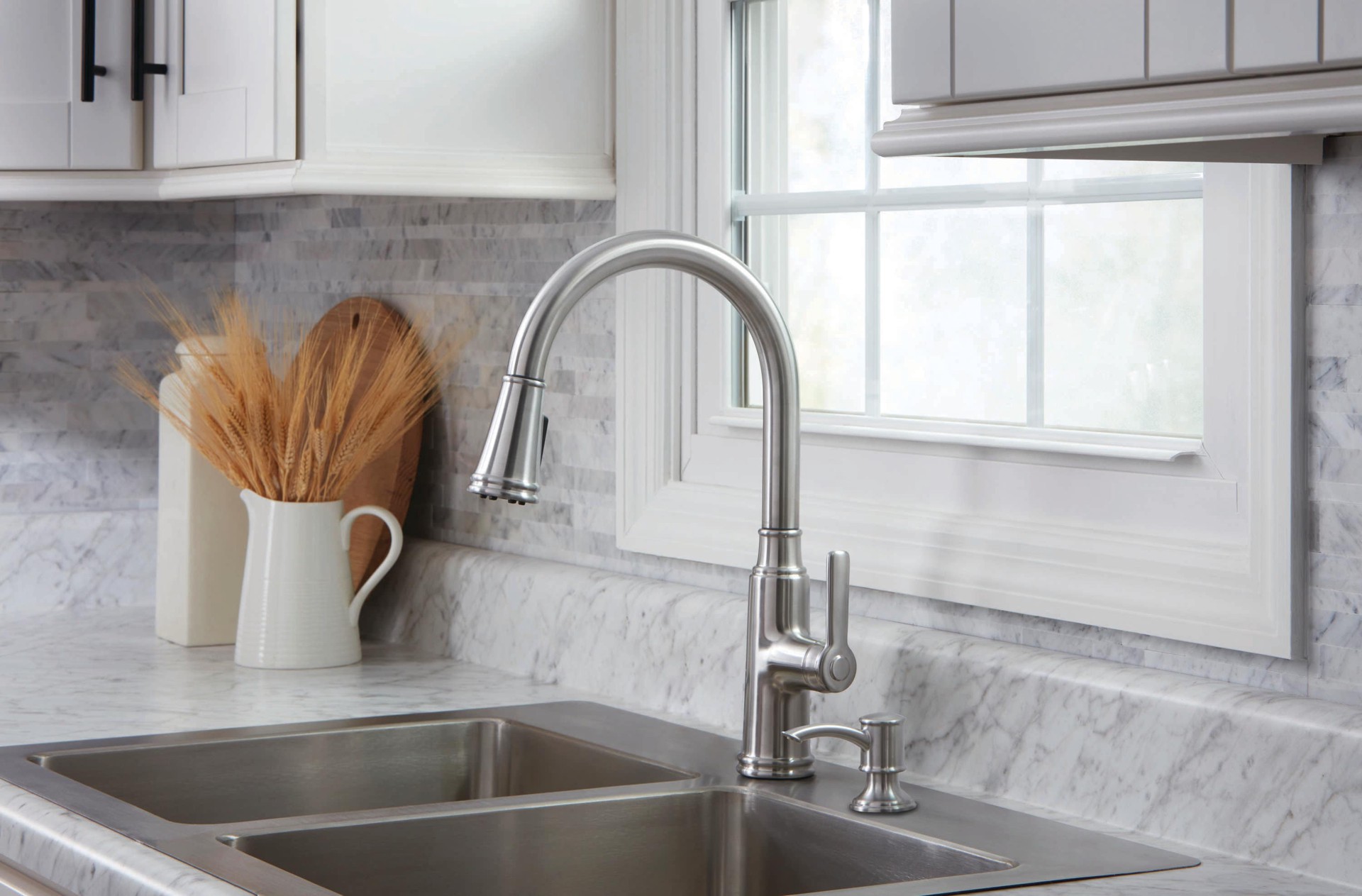 slide 2 of 6, allen + roth Evanston Stainless Steel Single Handle Deck-mount Pull-down Kitchen Faucet with Sprayer (Includes Deck Plate) (Includes Soap Dispenser), 1 ct