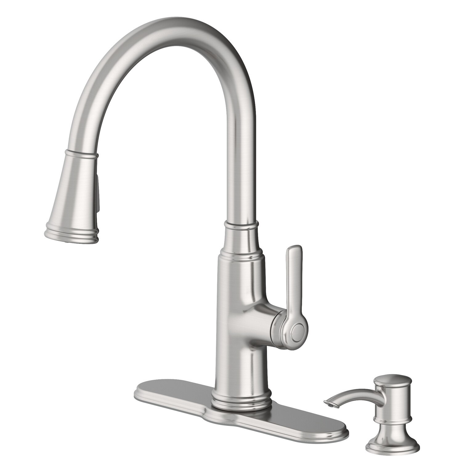 slide 3 of 6, allen + roth Evanston Stainless Steel Single Handle Deck-mount Pull-down Kitchen Faucet with Sprayer (Includes Deck Plate) (Includes Soap Dispenser), 1 ct