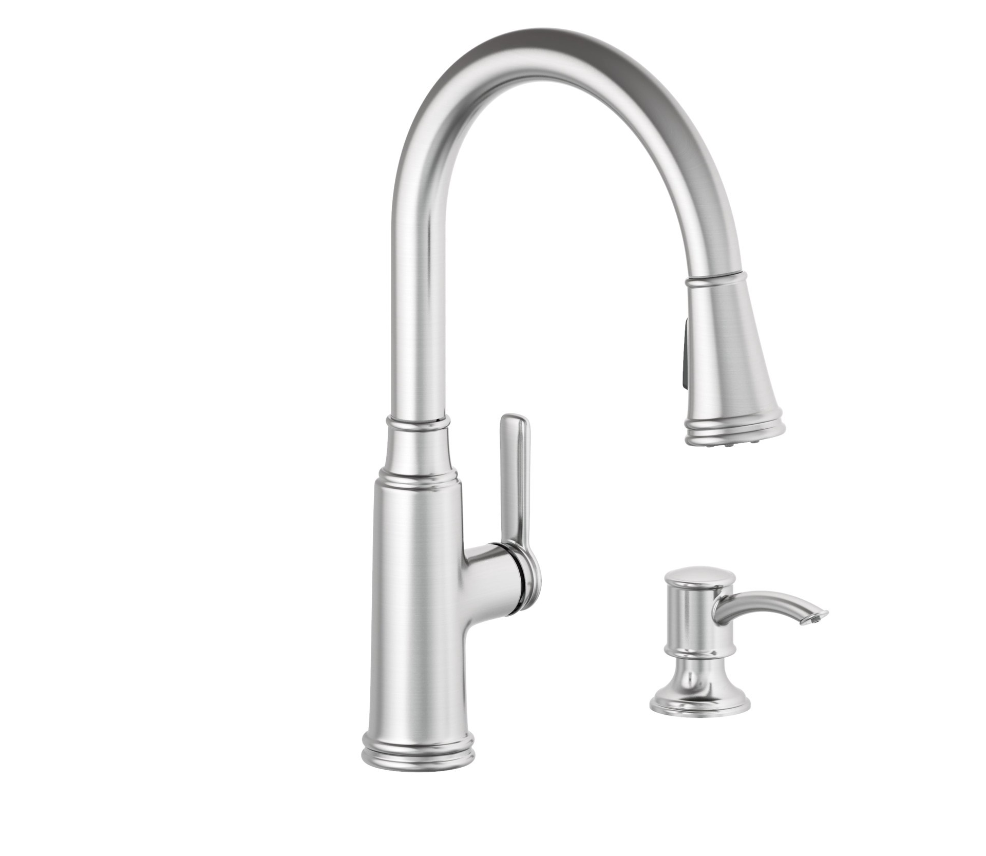 slide 5 of 6, allen + roth Evanston Stainless Steel Single Handle Deck-mount Pull-down Kitchen Faucet with Sprayer (Includes Deck Plate) (Includes Soap Dispenser), 1 ct