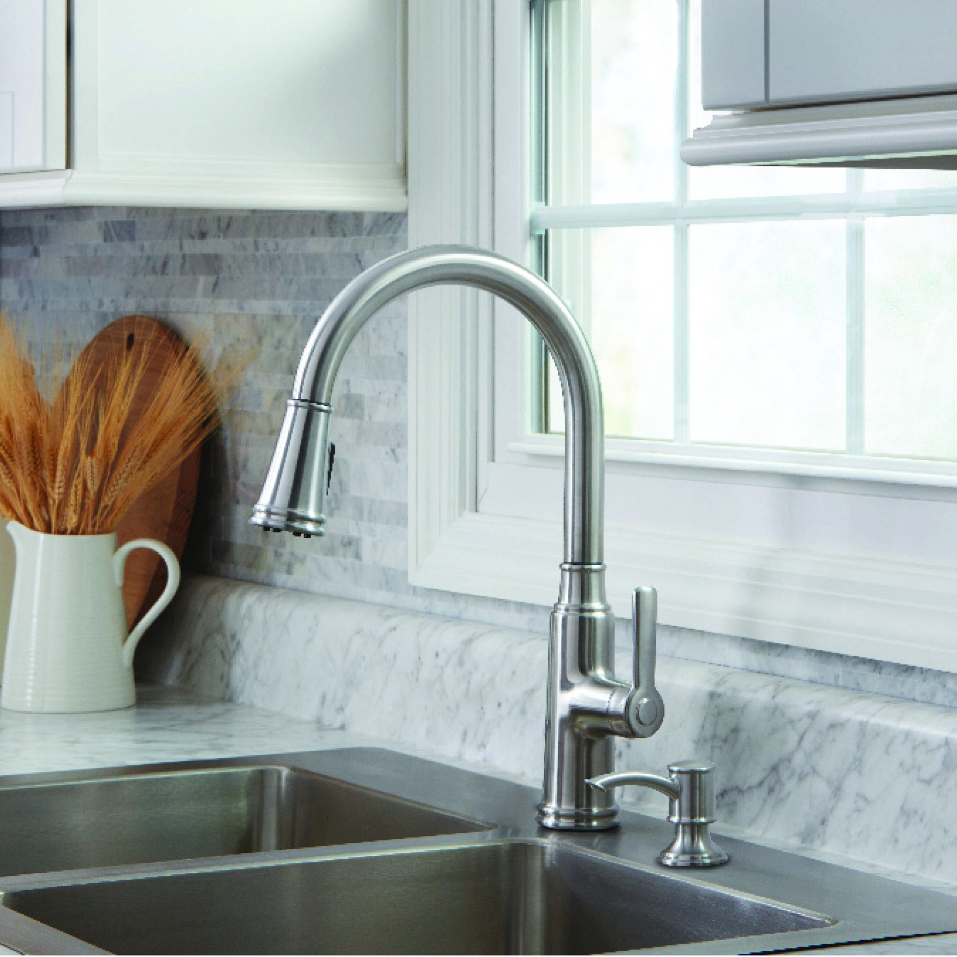 slide 1 of 6, allen + roth Evanston Stainless Steel Single Handle Deck-mount Pull-down Kitchen Faucet with Sprayer (Includes Deck Plate) (Includes Soap Dispenser), 1 ct