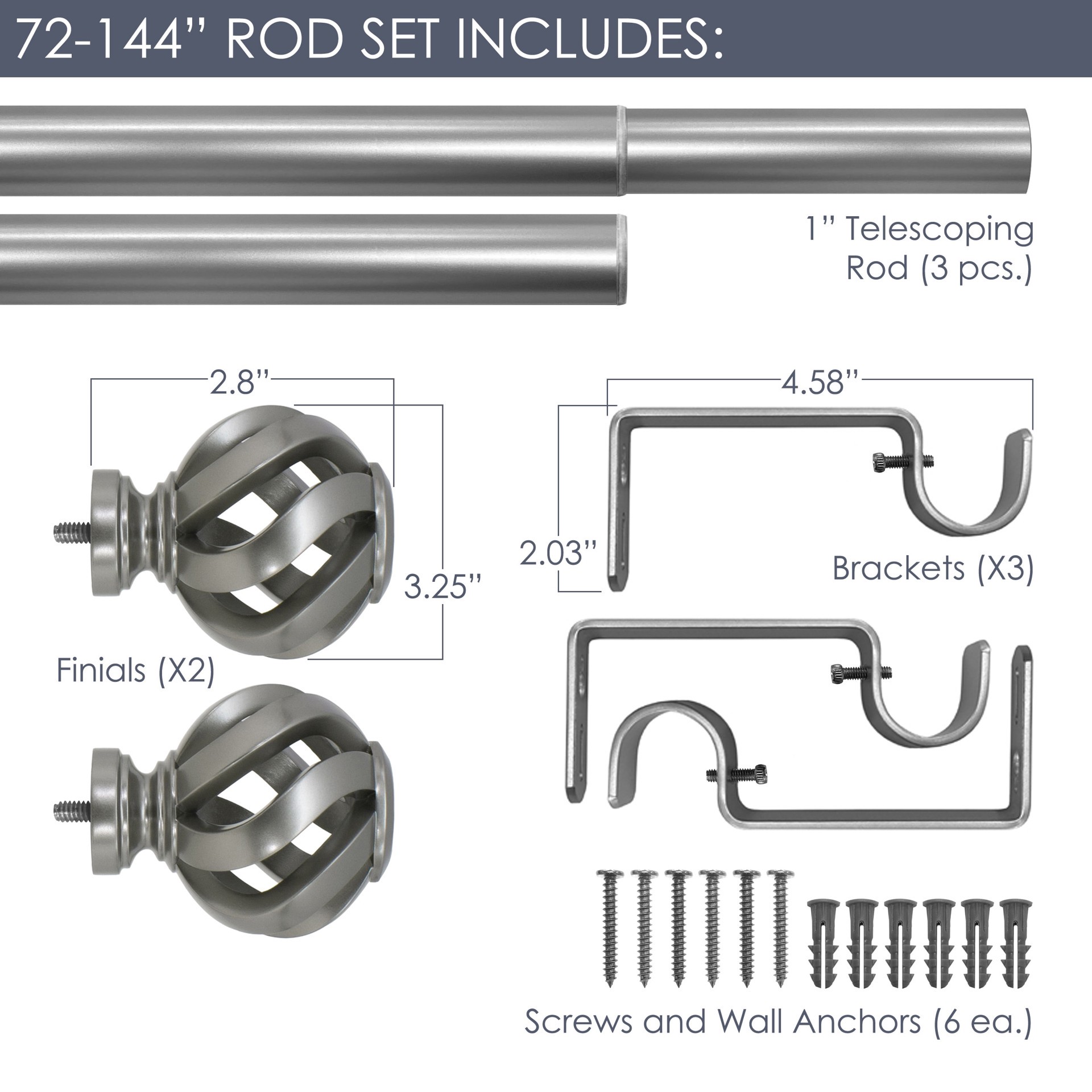 slide 5 of 5, allen + roth 72-in to 144-in Pewter Steel Single Curtain Rod with Finials, 1 ct