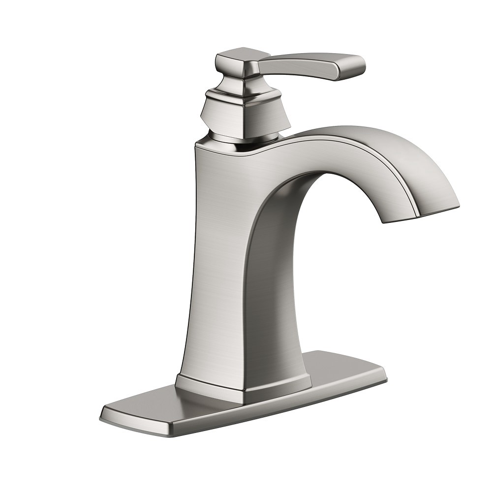 slide 4 of 6, allen + roth Chesler Brushed Nickel Single hole 1-handle WaterSense High-arc Residential Handle Bathroom Sink Faucet with Drain with Deck Plate, 1 ct