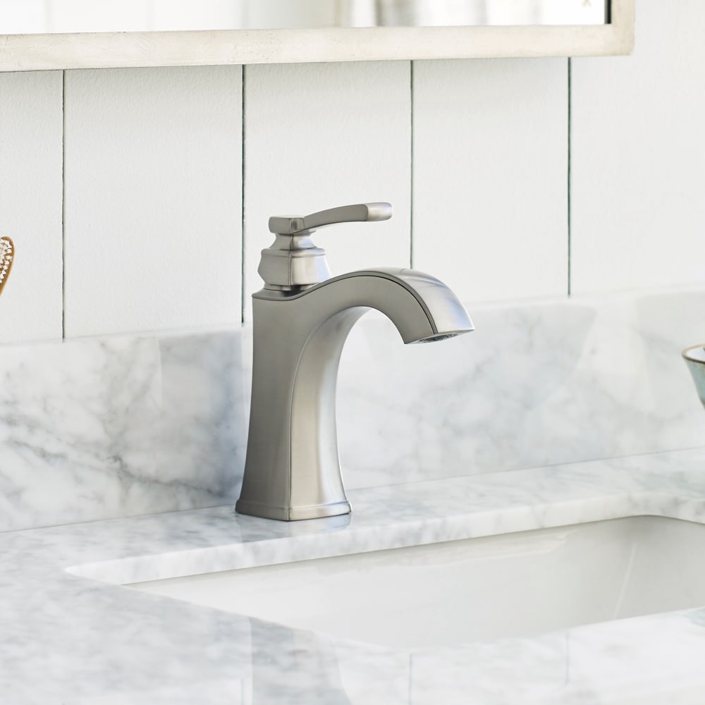 slide 1 of 6, allen + roth Chesler Brushed Nickel Single hole 1-handle WaterSense High-arc Residential Handle Bathroom Sink Faucet with Drain with Deck Plate, 1 ct