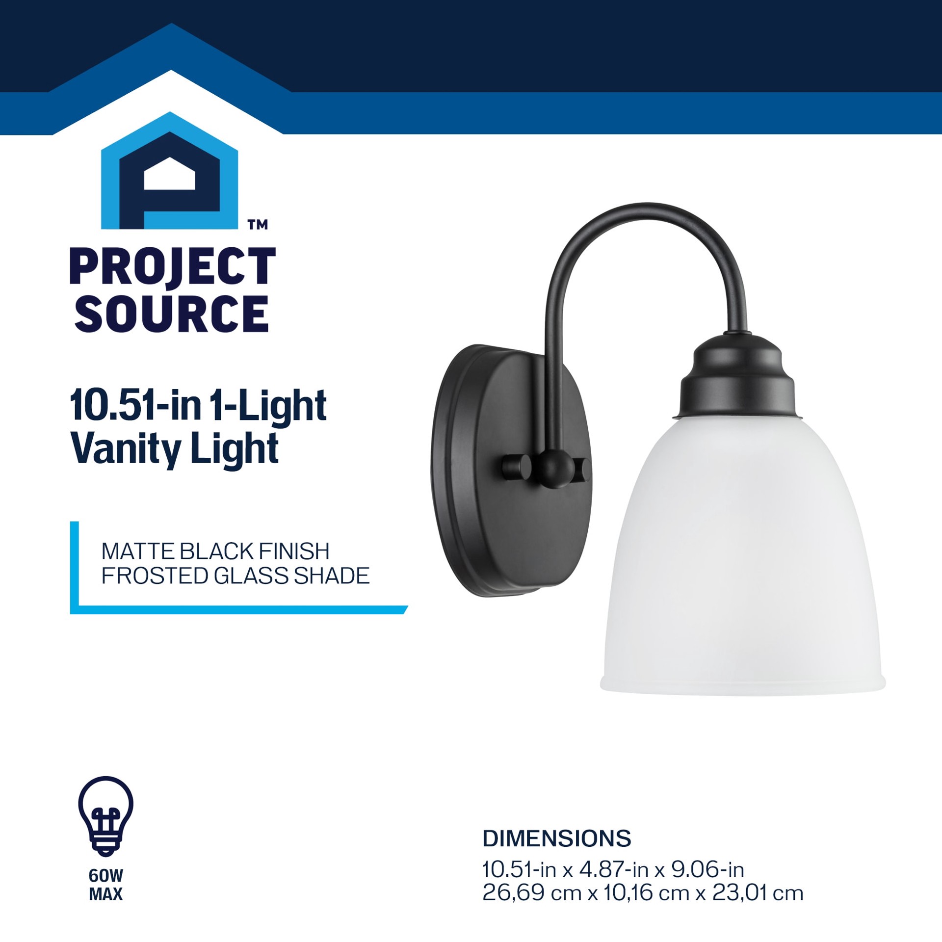 slide 5 of 6, Project Source Wynfield 10.51-in 1-Light Matte Black Traditional Vanity Light, 1 ct