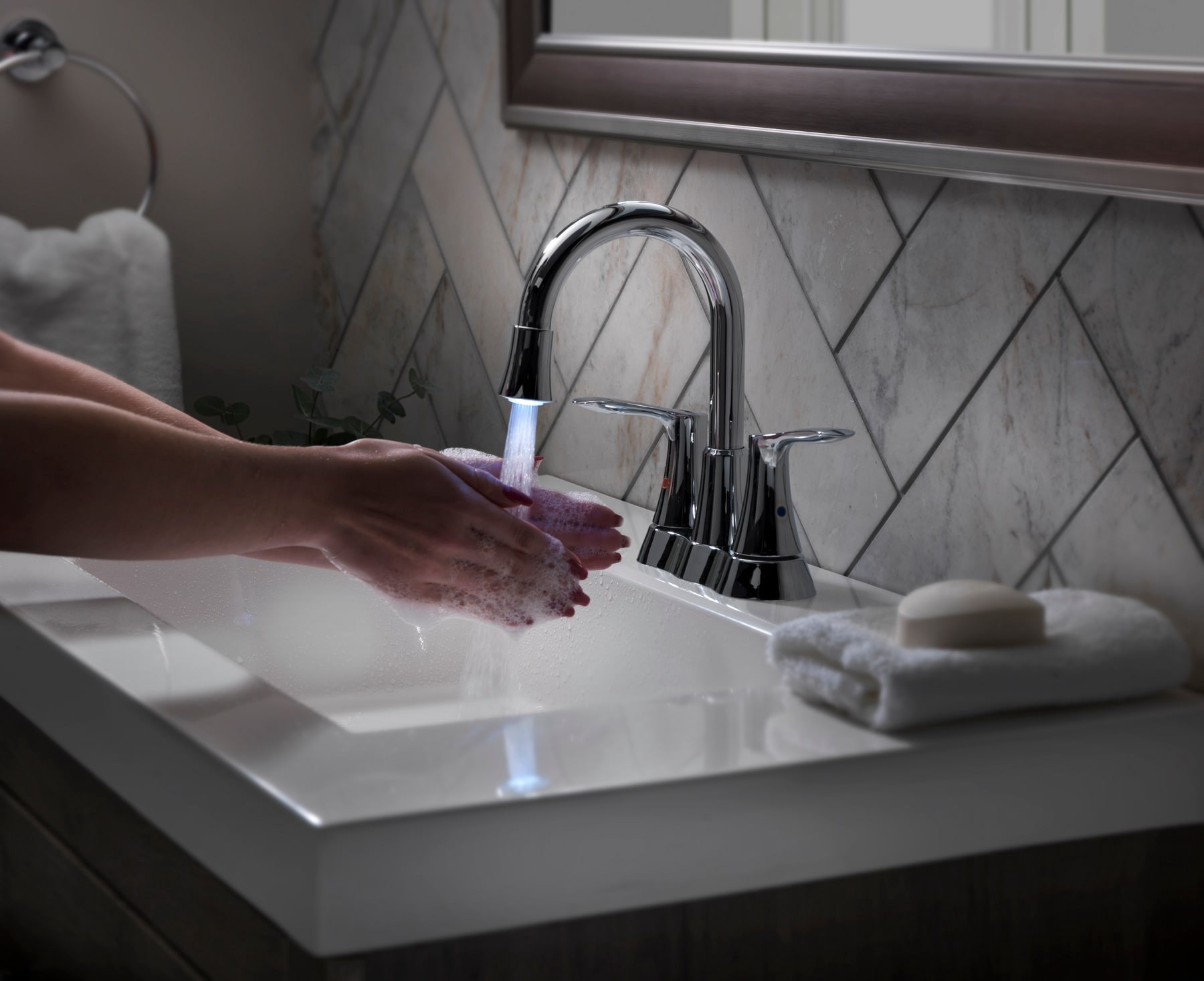 slide 3 of 6, allen + roth Brookes Chrome 4-in centerset 2-handle WaterSense High-arc Residential Handle Bathroom Sink Faucet with Drain, 1 ct