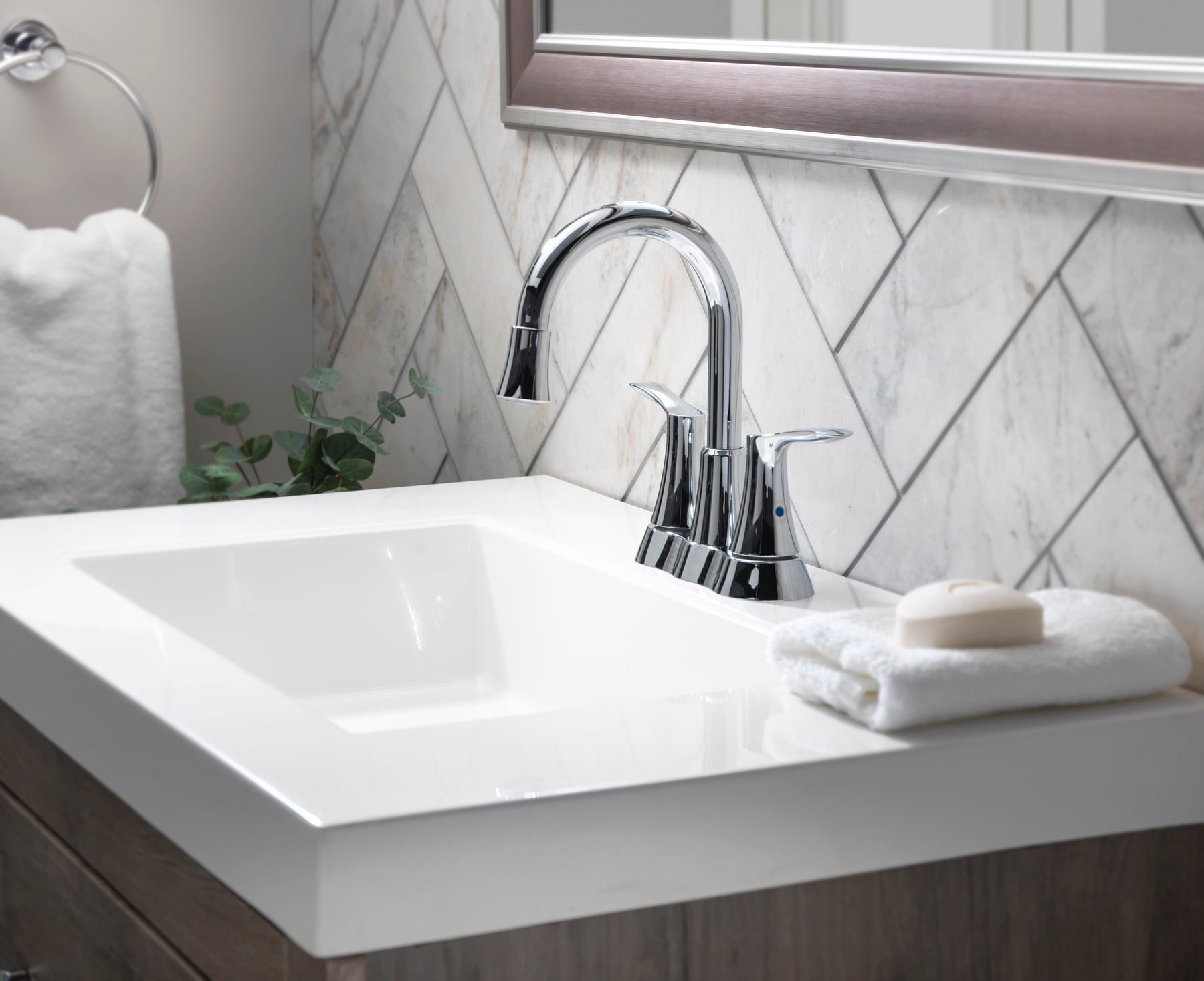 slide 4 of 6, allen + roth Brookes Chrome 4-in centerset 2-handle WaterSense High-arc Residential Handle Bathroom Sink Faucet with Drain, 1 ct