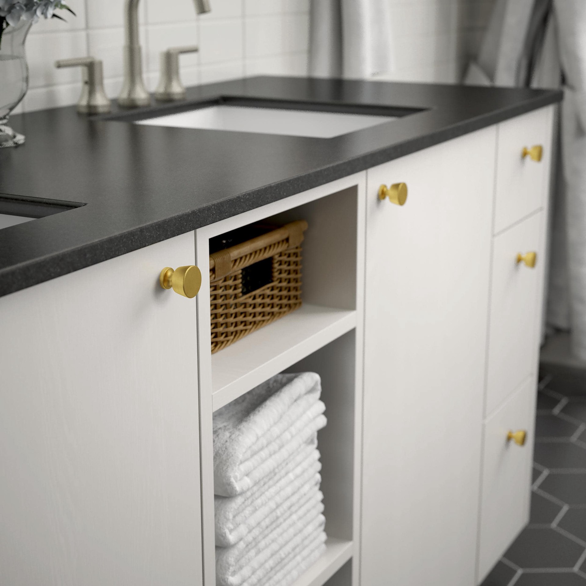 slide 2 of 6, allen + roth Delia 1-1/8-in Brushed Brass Round Cabinet Knob, 1 ct