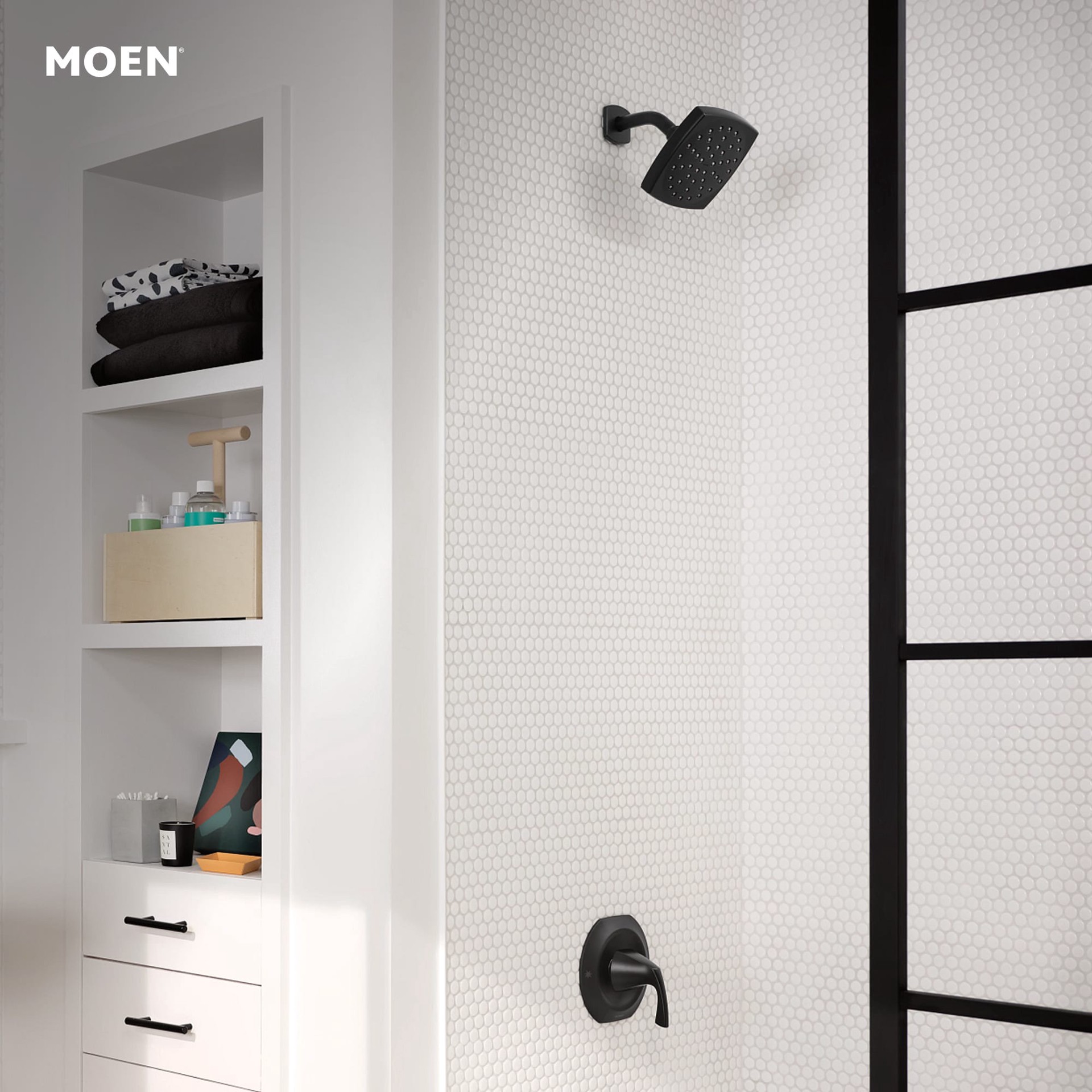 slide 2 of 6, Moen Lindor Matte Black 1-handle 6-in Square Bathtub and shower Faucet (Single Function), 1 ct