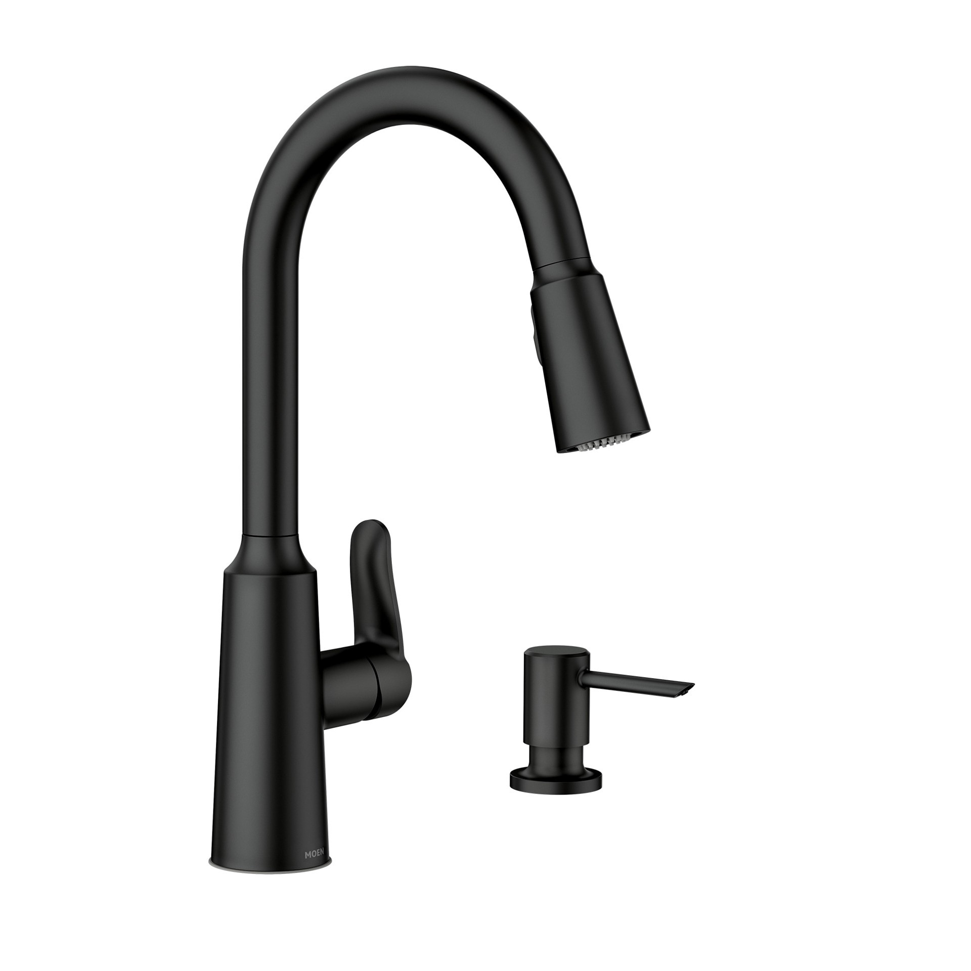 slide 2 of 6, Moen Edwyn Matte Black Single Handle Deck-mount Pull-down Kitchen Faucet with Sprayer ( Deck Plate Included ) (Soap Dispenser Included), 1 ct