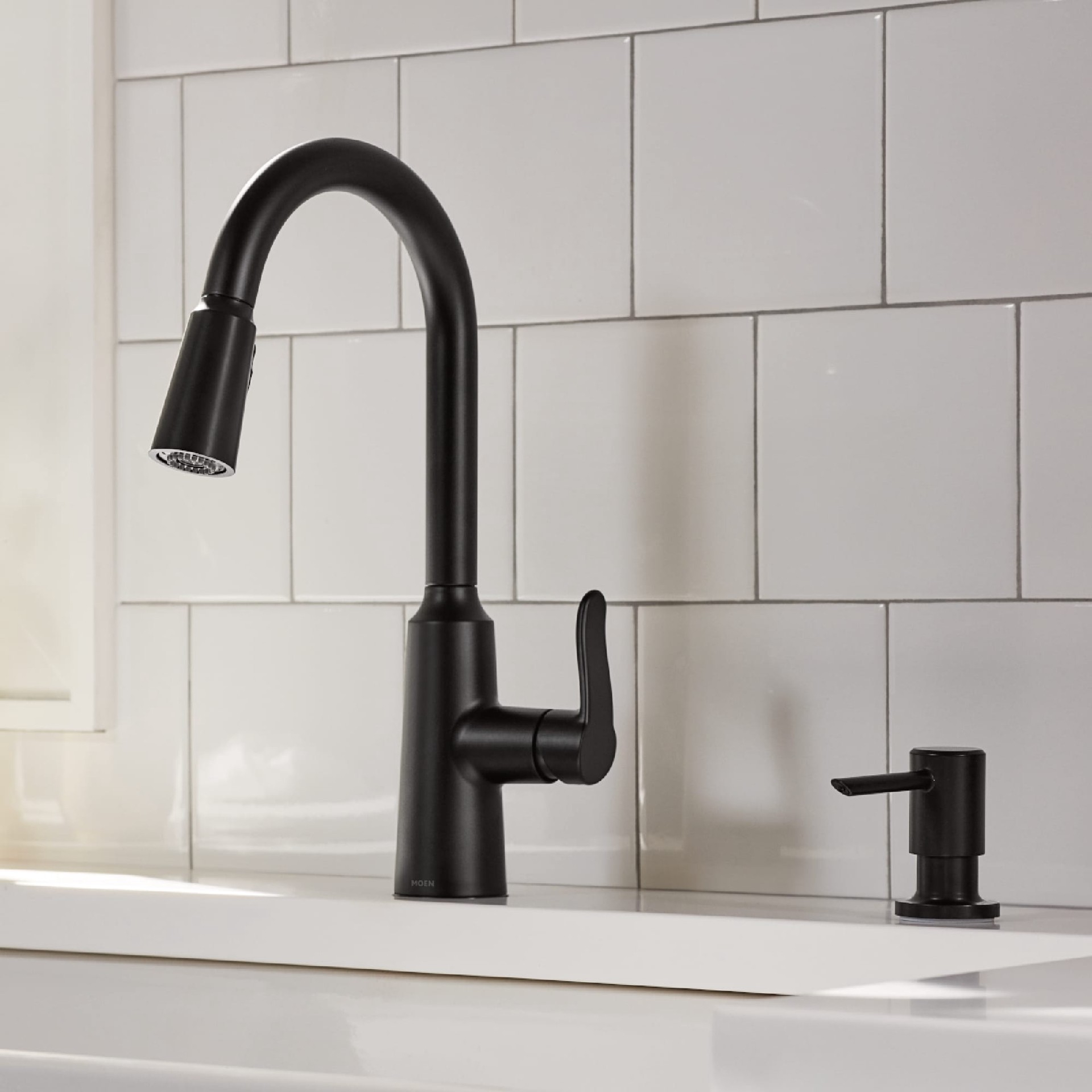 slide 1 of 6, Moen Edwyn Matte Black Single Handle Deck-mount Pull-down Kitchen Faucet with Sprayer ( Deck Plate Included ) (Soap Dispenser Included), 1 ct
