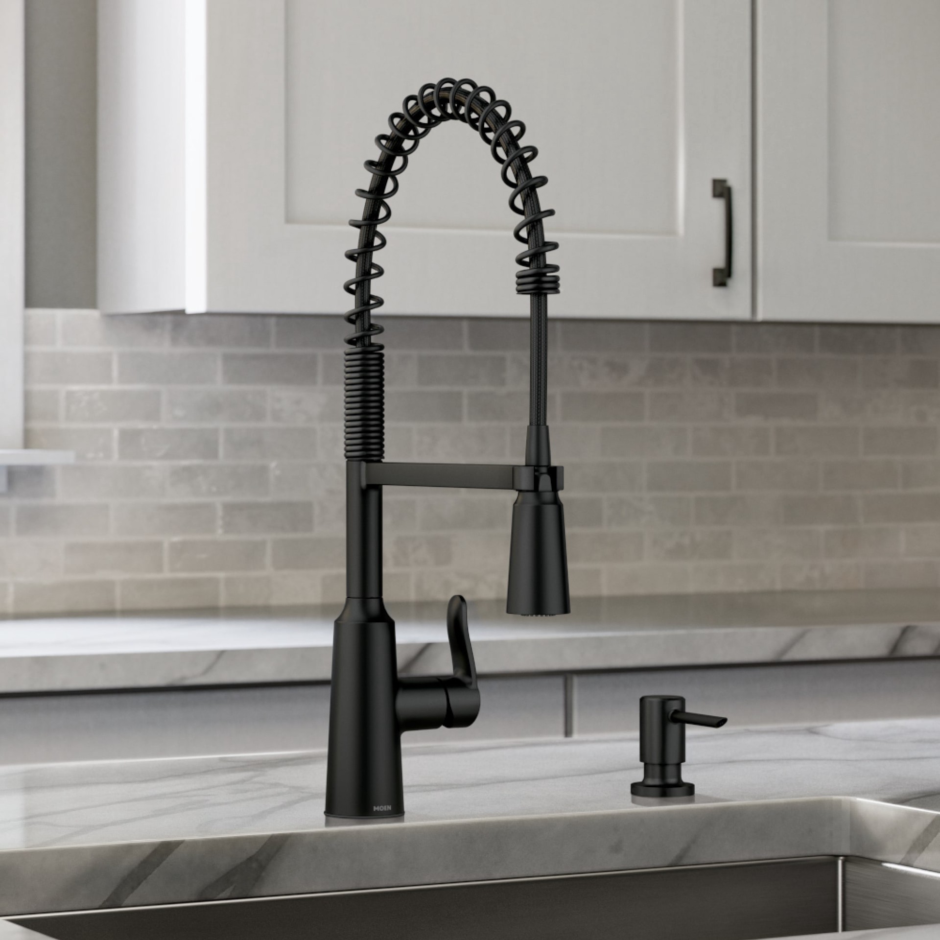 slide 1 of 6, Moen Edwyn Matte Black Single Handle Deck-mount Pull-down Kitchen Faucet with Sprayer (Includes Deck Plate) (Includes Soap Dispenser), 1 ct
