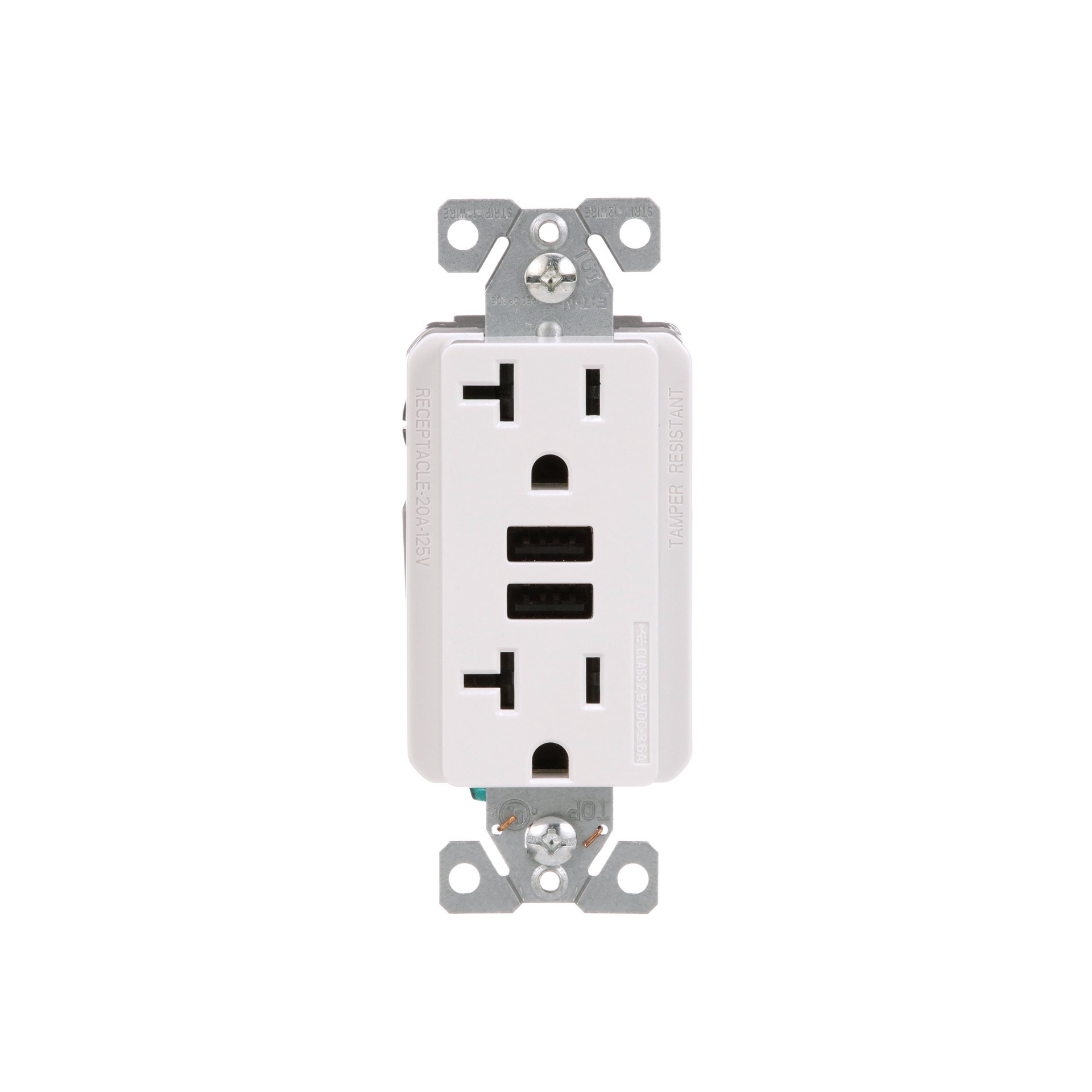 slide 1 of 6, Eaton 20 -Amp 125-volt Tamper Resistant Residential/Commercial Decorator USB outlet Dual Type A , White, 1 ct