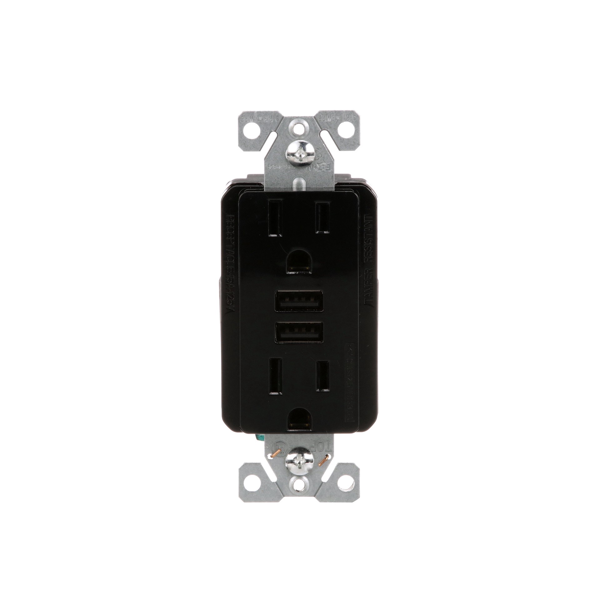 slide 1 of 6, Eaton 15 -Amp 125-volt Tamper Resistant Residential/Commercial Decorator USB outlet Dual Type A , Black, 1 ct