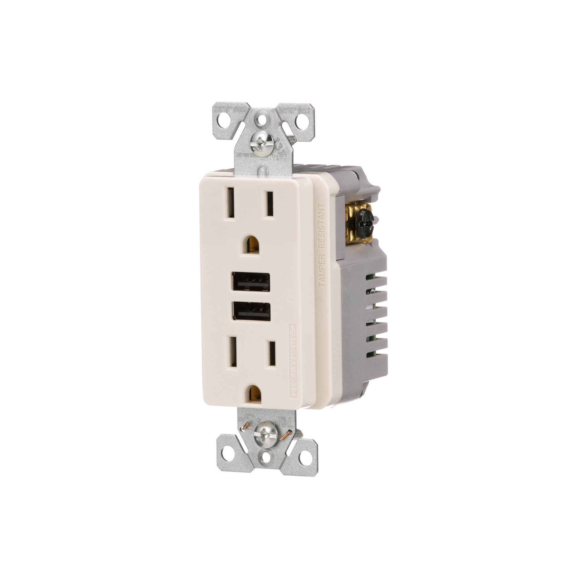 slide 2 of 6, Eaton 15 -Amp 125-volt Tamper Resistant Residential/Commercial Decorator USB outlet Dual Type A , Light almond, 1 ct