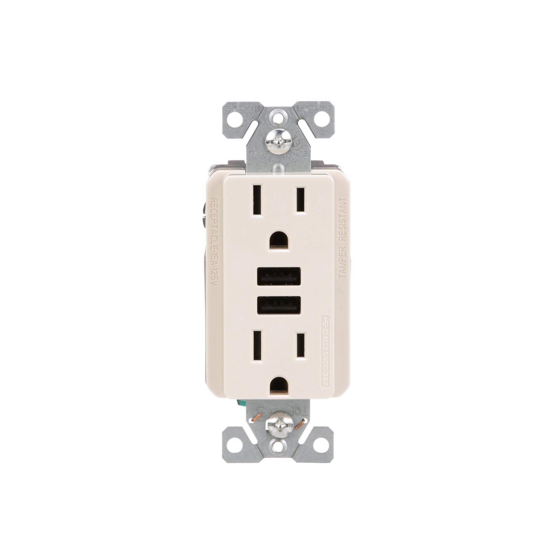 slide 1 of 6, Eaton 15 -Amp 125-volt Tamper Resistant Residential/Commercial Decorator USB outlet Dual Type A , Light almond, 1 ct