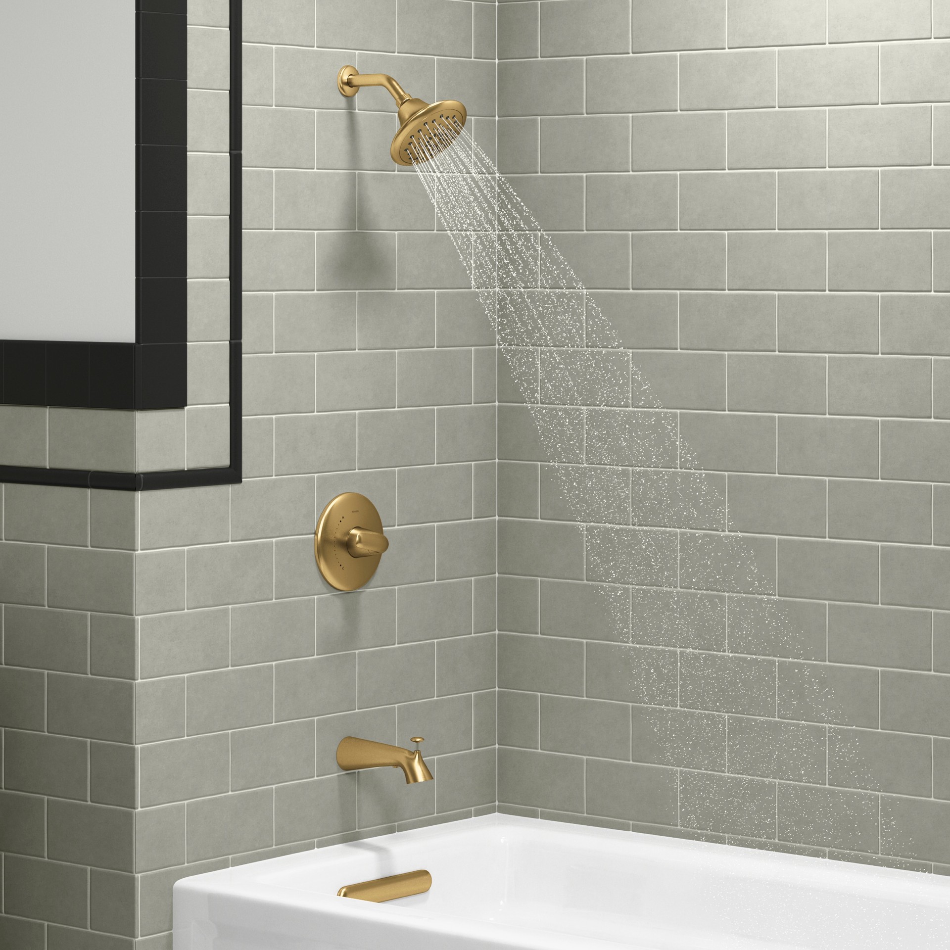 slide 3 of 6, KOHLER Avail Vibrant Brushed Moderne Brass 1-handle 7.25-in Round Bathtub and shower Faucet with Valve (Multi-function), 1 ct
