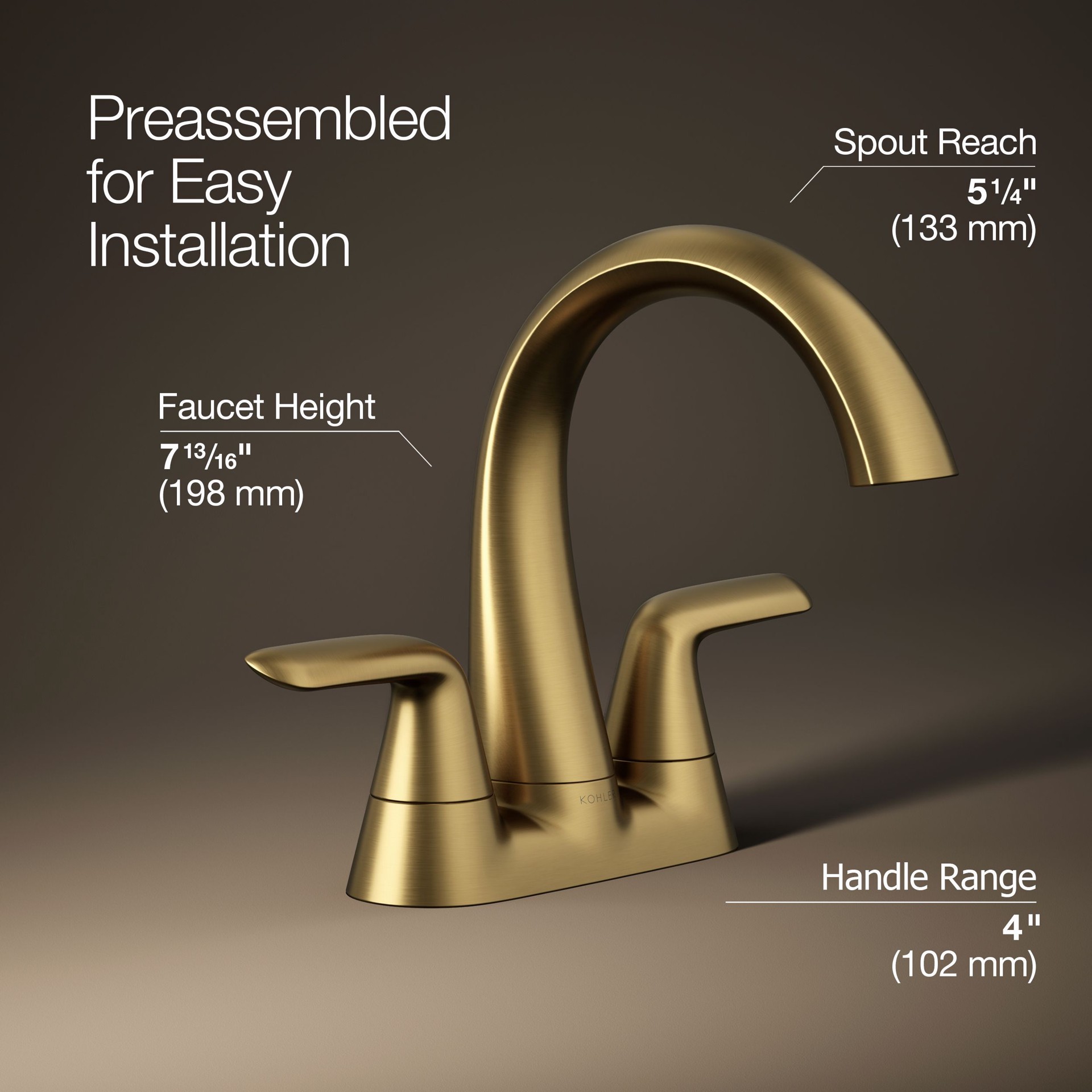 slide 3 of 6, KOHLER Avail Vibrant Brushed Moderne Brass 4-in centerset 2-handle WaterSense Mid-arc Residential Handle Bathroom Sink Faucet with Drain, 1 ct
