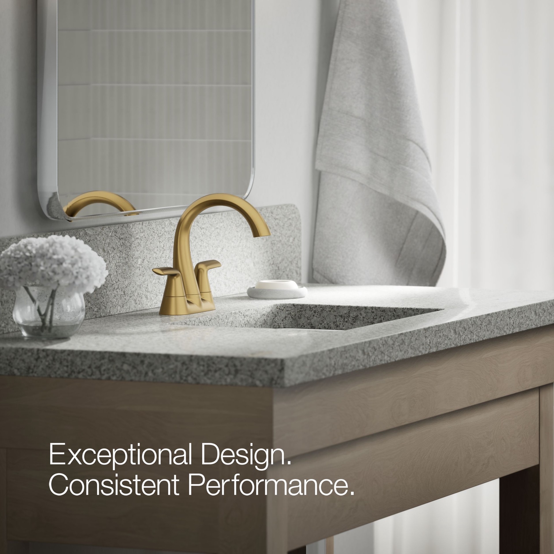 slide 4 of 6, KOHLER Avail Vibrant Brushed Moderne Brass 4-in centerset 2-handle WaterSense Mid-arc Residential Handle Bathroom Sink Faucet with Drain, 1 ct