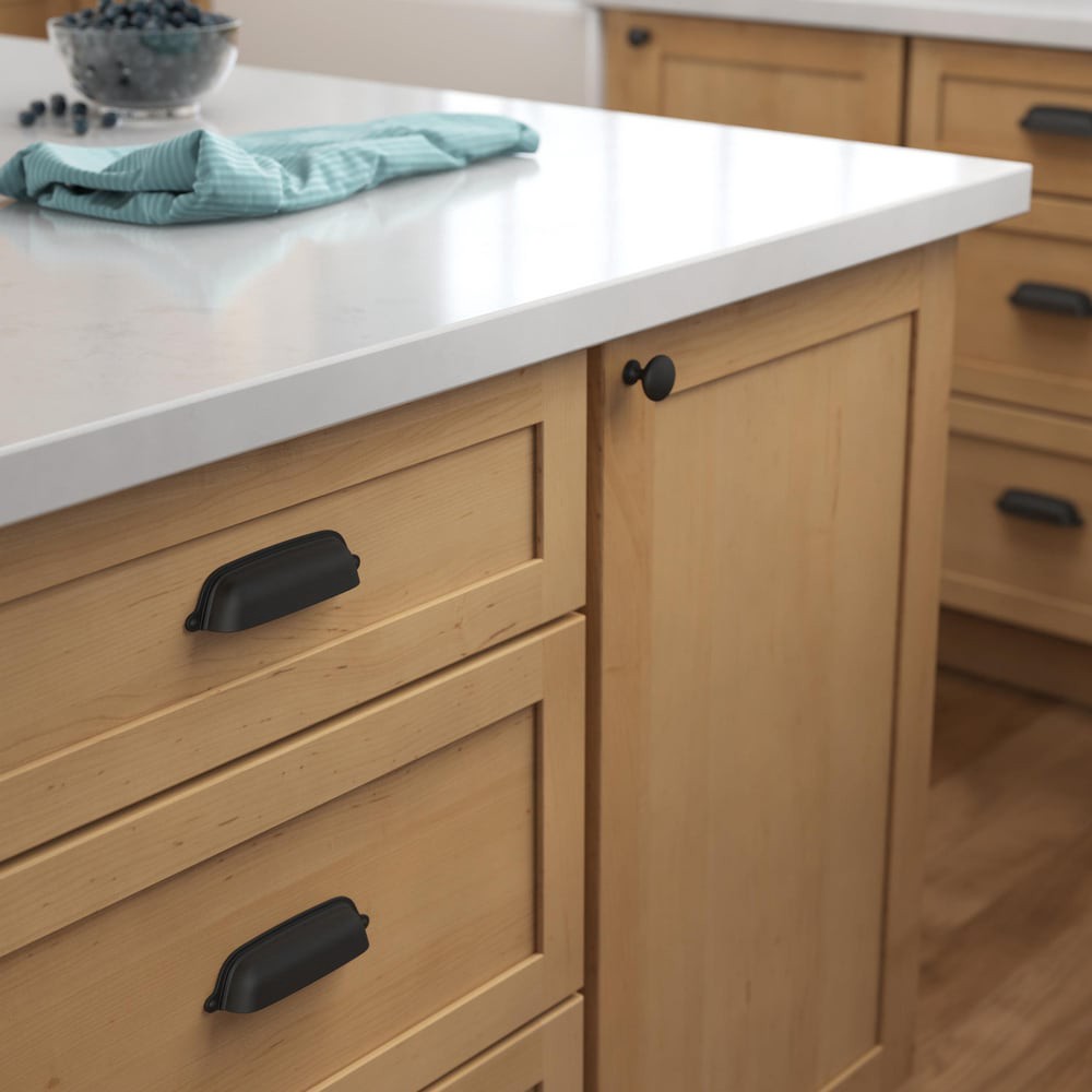 slide 2 of 6, allen + roth Octavius 3-in or 3-3/4-in , 76mm or 96mm Center to Center Matte Black Dual Mount Cylindrical Cup Drawer Pull, 1 ct