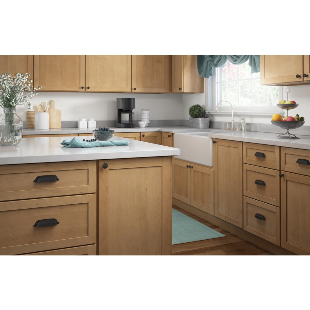 slide 4 of 6, allen + roth Octavius 3-in or 3-3/4-in , 76mm or 96mm Center to Center Matte Black Dual Mount Cylindrical Cup Drawer Pull, 1 ct