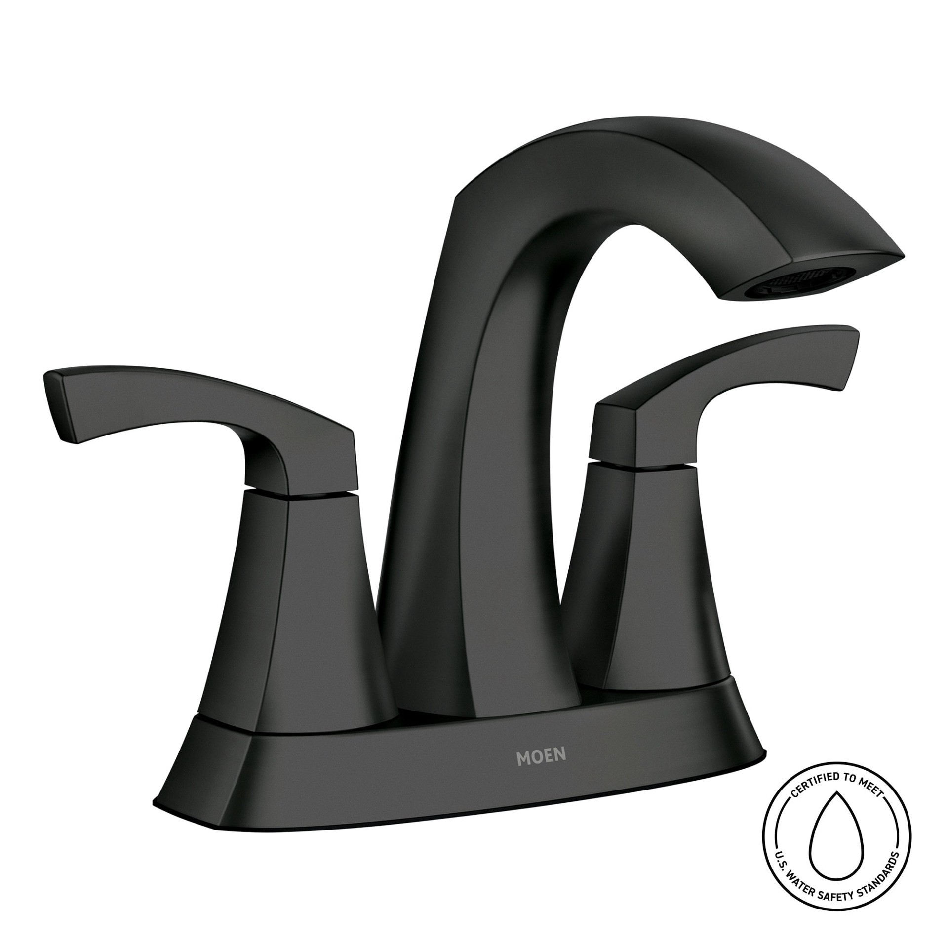 slide 2 of 6, Moen Lindor Matte Black 4-in centerset 2-handle WaterSense High-arc Residential Handle Bathroom Sink Faucet with Drain, 1 ct