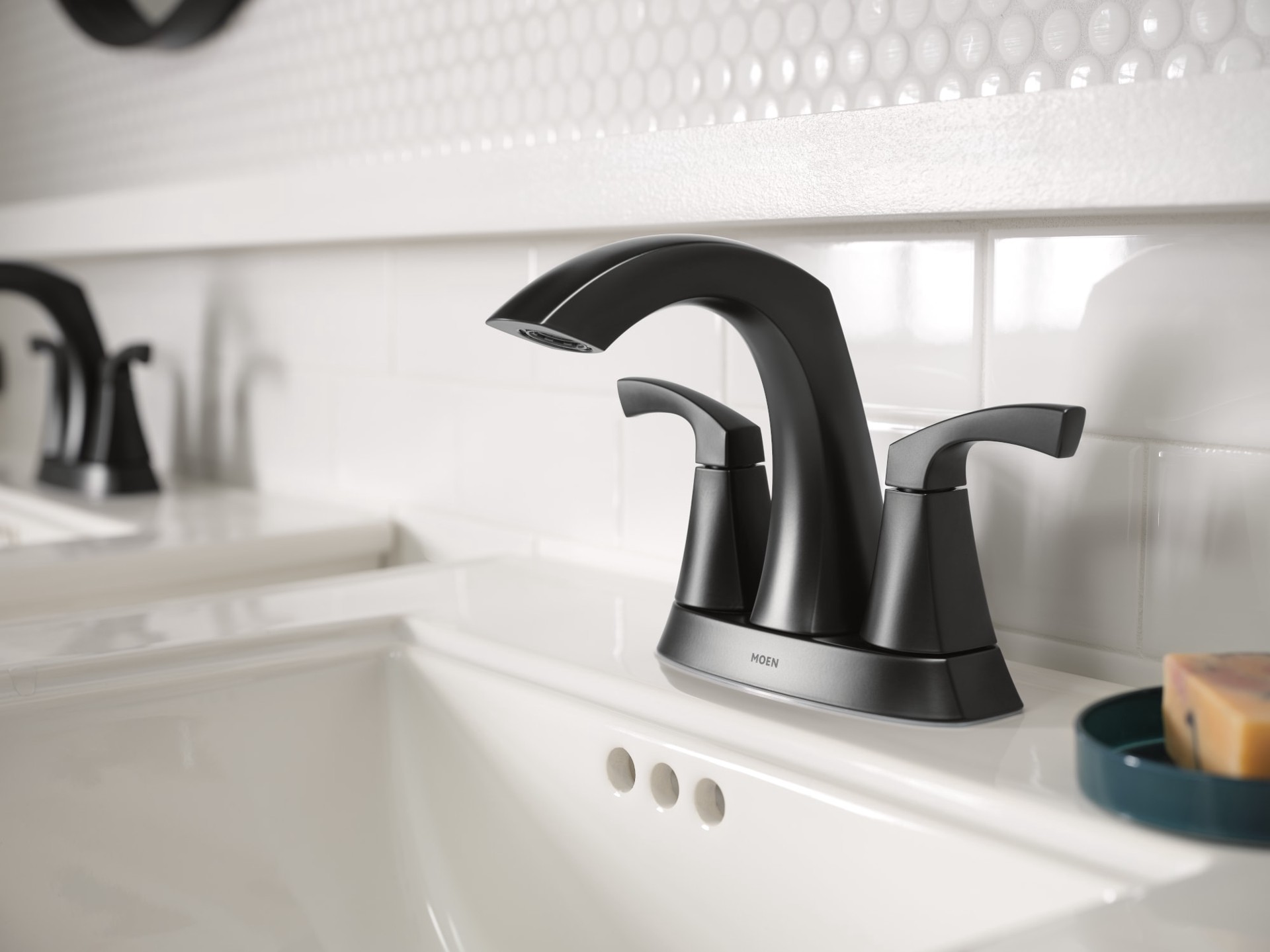 slide 6 of 6, Moen Lindor Matte Black 4-in centerset 2-handle WaterSense High-arc Residential Handle Bathroom Sink Faucet with Drain, 1 ct