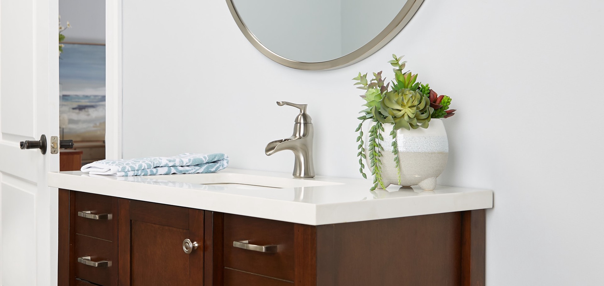 slide 3 of 6, allen + roth Sumter Brushed nickel 4-in centerset 1-handle WaterSense Waterfall Residential Handle Bathroom Sink Faucet with Drain with Deck Plate, 1 ct