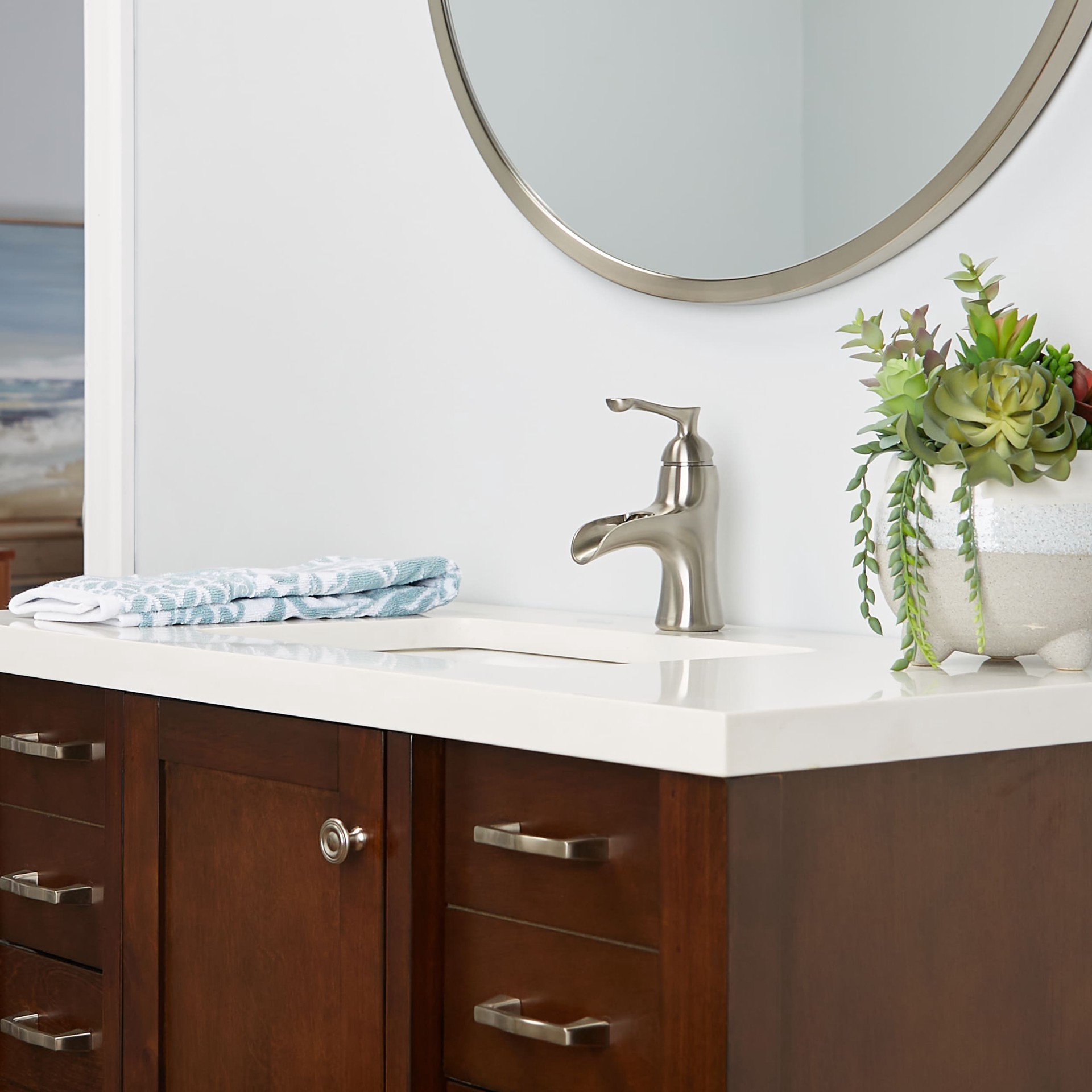 slide 4 of 6, allen + roth Sumter Brushed nickel 4-in centerset 1-handle WaterSense Waterfall Residential Handle Bathroom Sink Faucet with Drain with Deck Plate, 1 ct