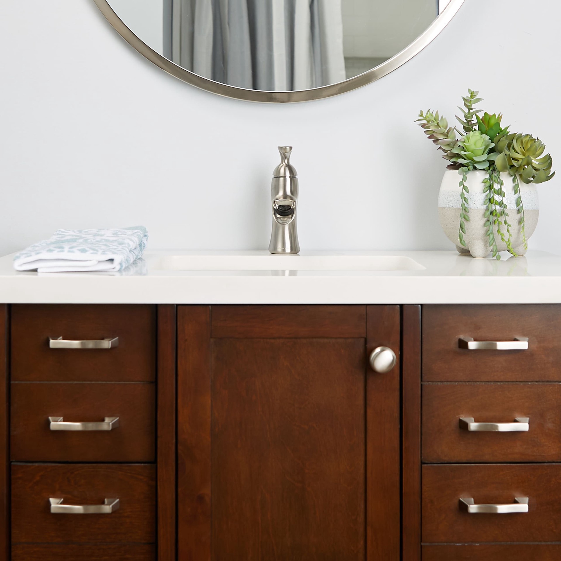 slide 5 of 6, allen + roth Sumter Brushed nickel 4-in centerset 1-handle WaterSense Waterfall Residential Handle Bathroom Sink Faucet with Drain with Deck Plate, 1 ct