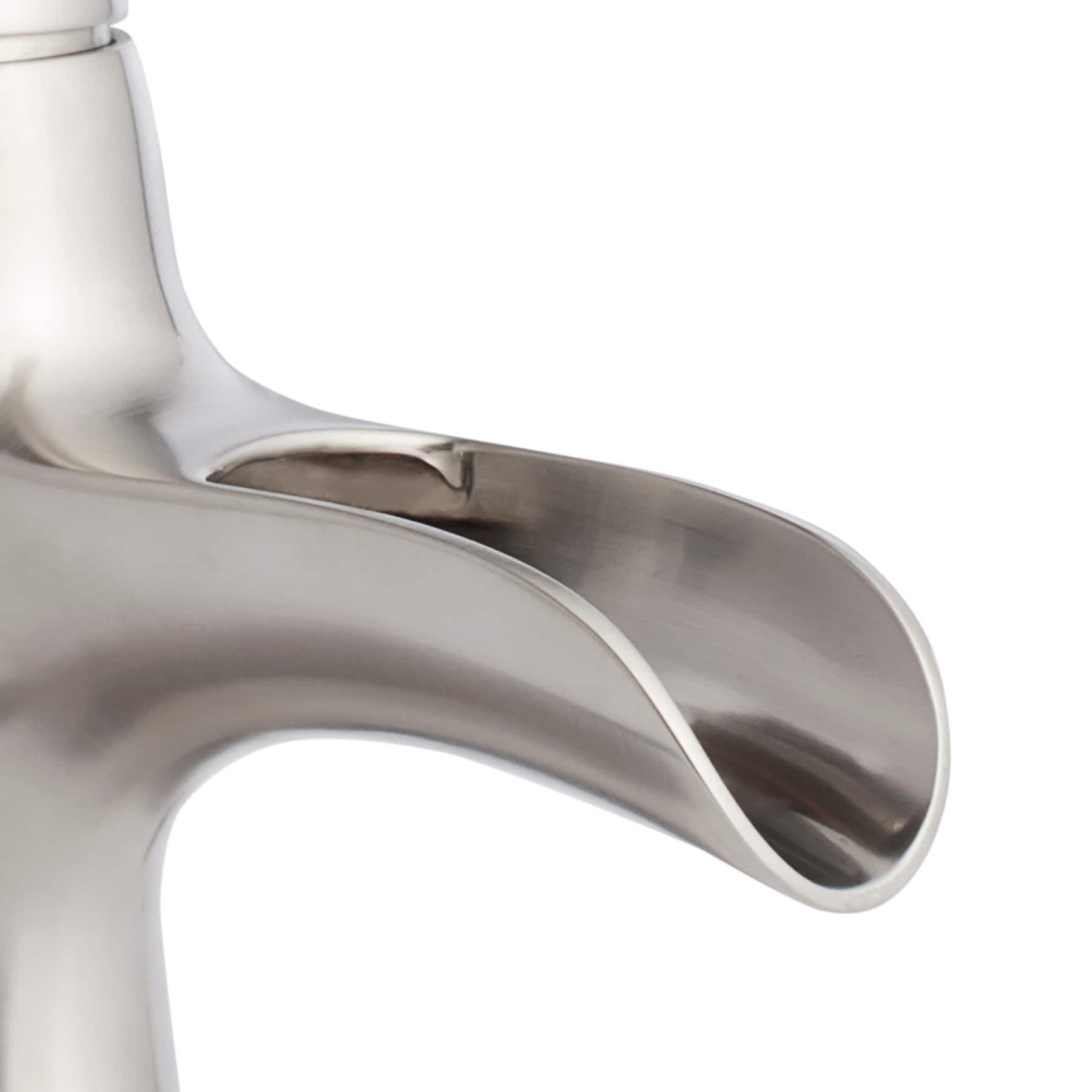 slide 6 of 6, allen + roth Sumter Brushed nickel 4-in centerset 1-handle WaterSense Waterfall Residential Handle Bathroom Sink Faucet with Drain with Deck Plate, 1 ct