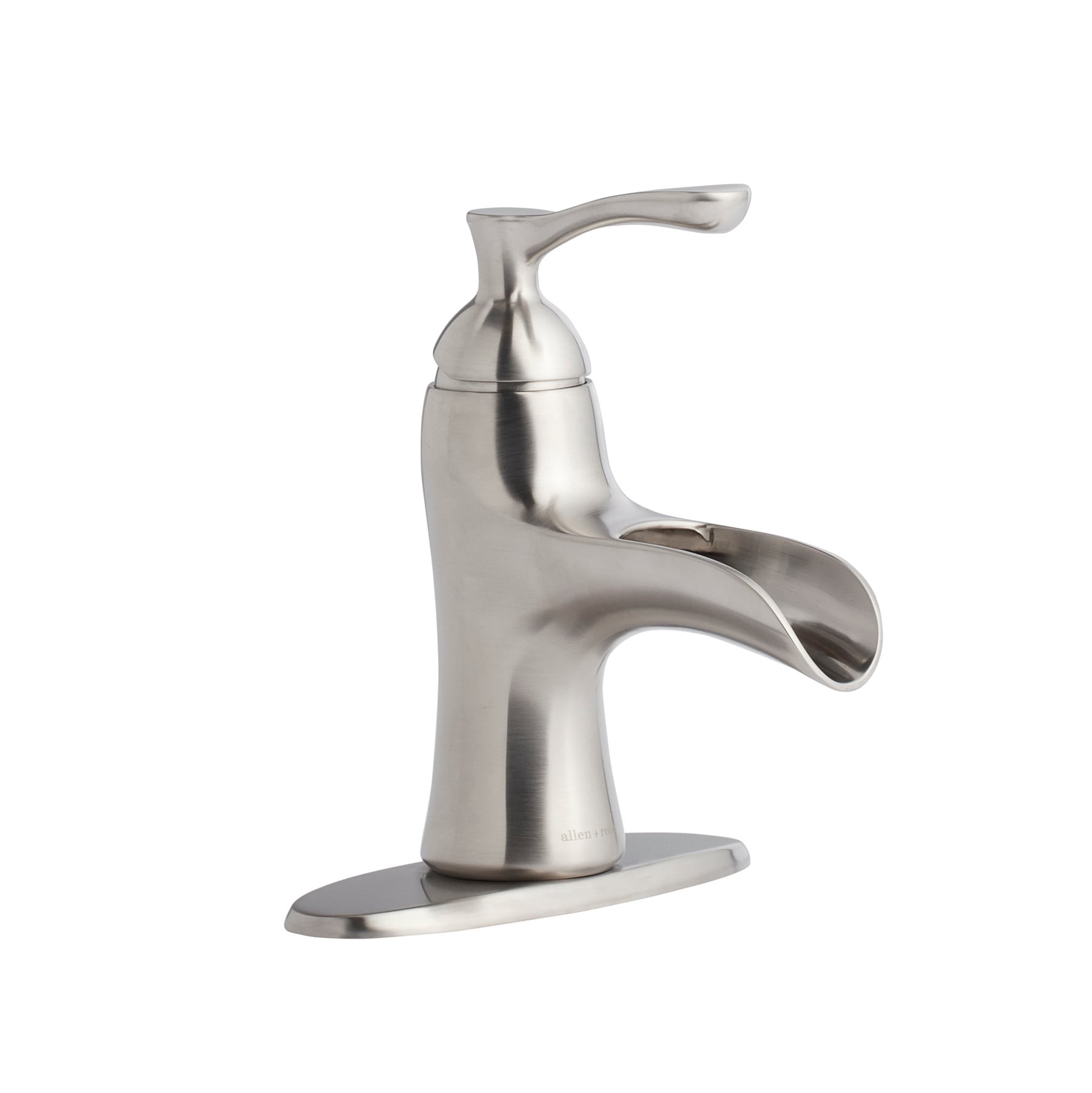 slide 1 of 6, allen + roth Sumter Brushed nickel 4-in centerset 1-handle WaterSense Waterfall Residential Handle Bathroom Sink Faucet with Drain with Deck Plate, 1 ct
