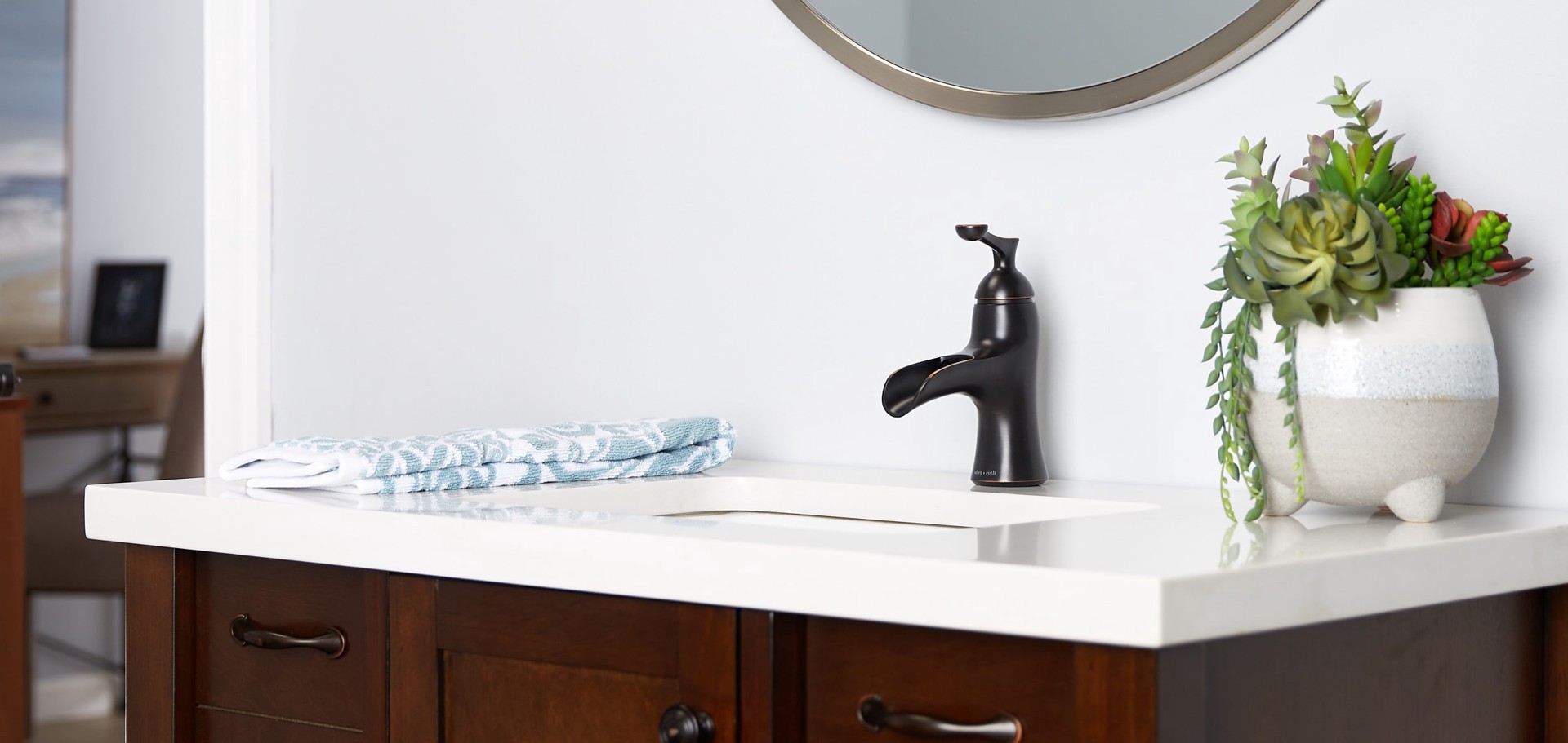 slide 3 of 6, allen + roth Sumter Oil-rubbed bronze 4-in centerset 1-handle WaterSense Waterfall Residential Handle Bathroom Sink Faucet with Drain with Deck Plate, 1 ct