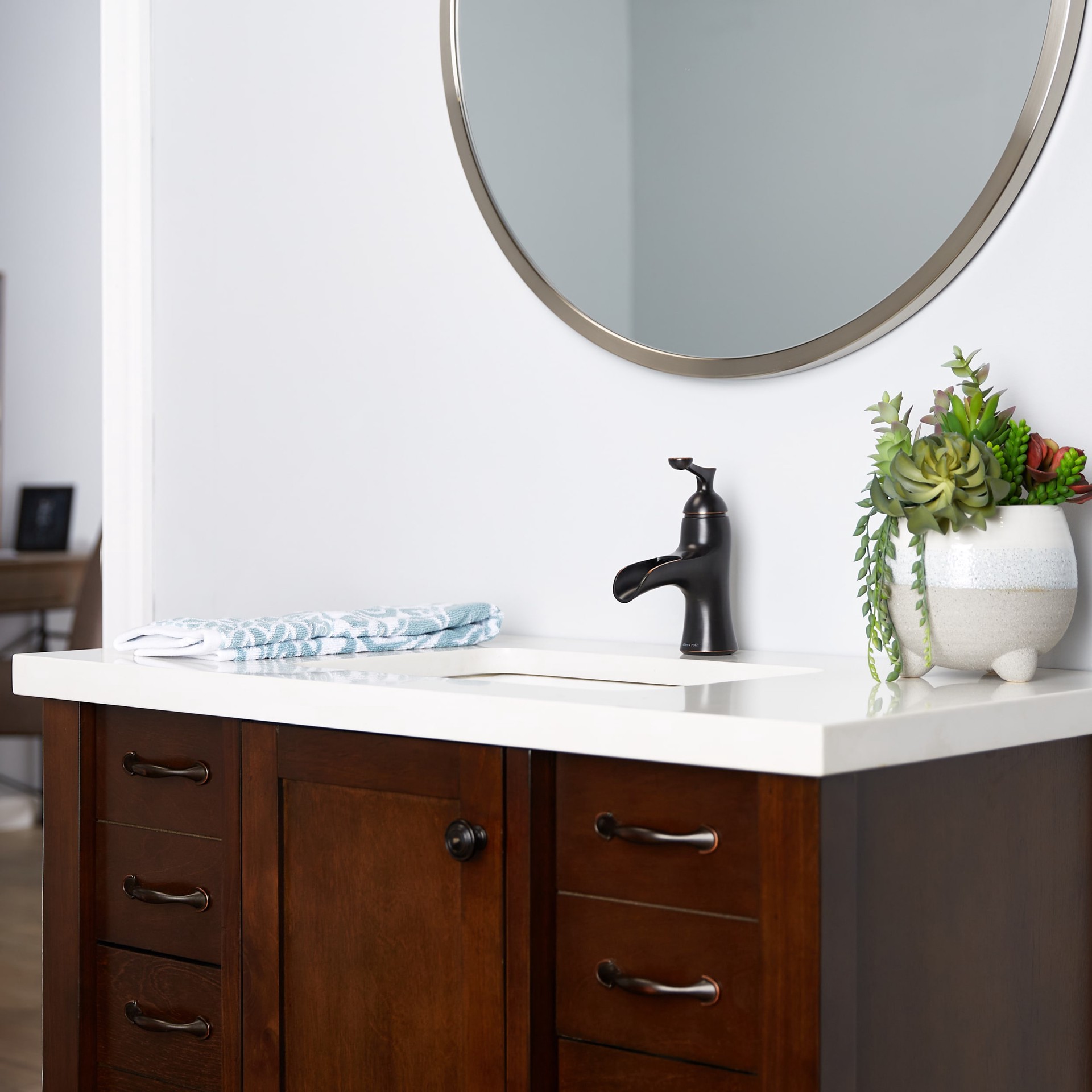 slide 4 of 6, allen + roth Sumter Oil-rubbed bronze 4-in centerset 1-handle WaterSense Waterfall Residential Handle Bathroom Sink Faucet with Drain with Deck Plate, 1 ct