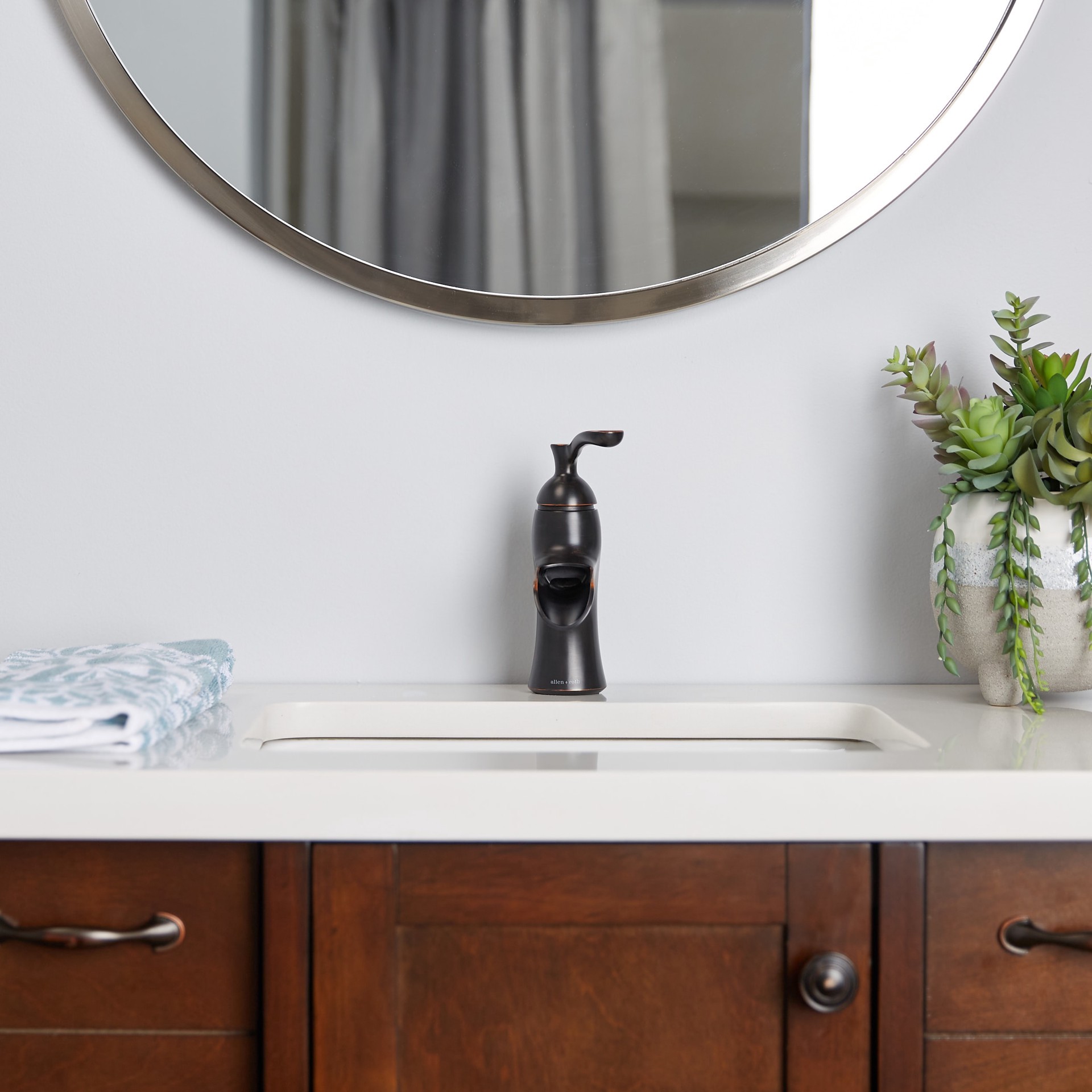 slide 5 of 6, allen + roth Sumter Oil-rubbed bronze 4-in centerset 1-handle WaterSense Waterfall Residential Handle Bathroom Sink Faucet with Drain with Deck Plate, 1 ct